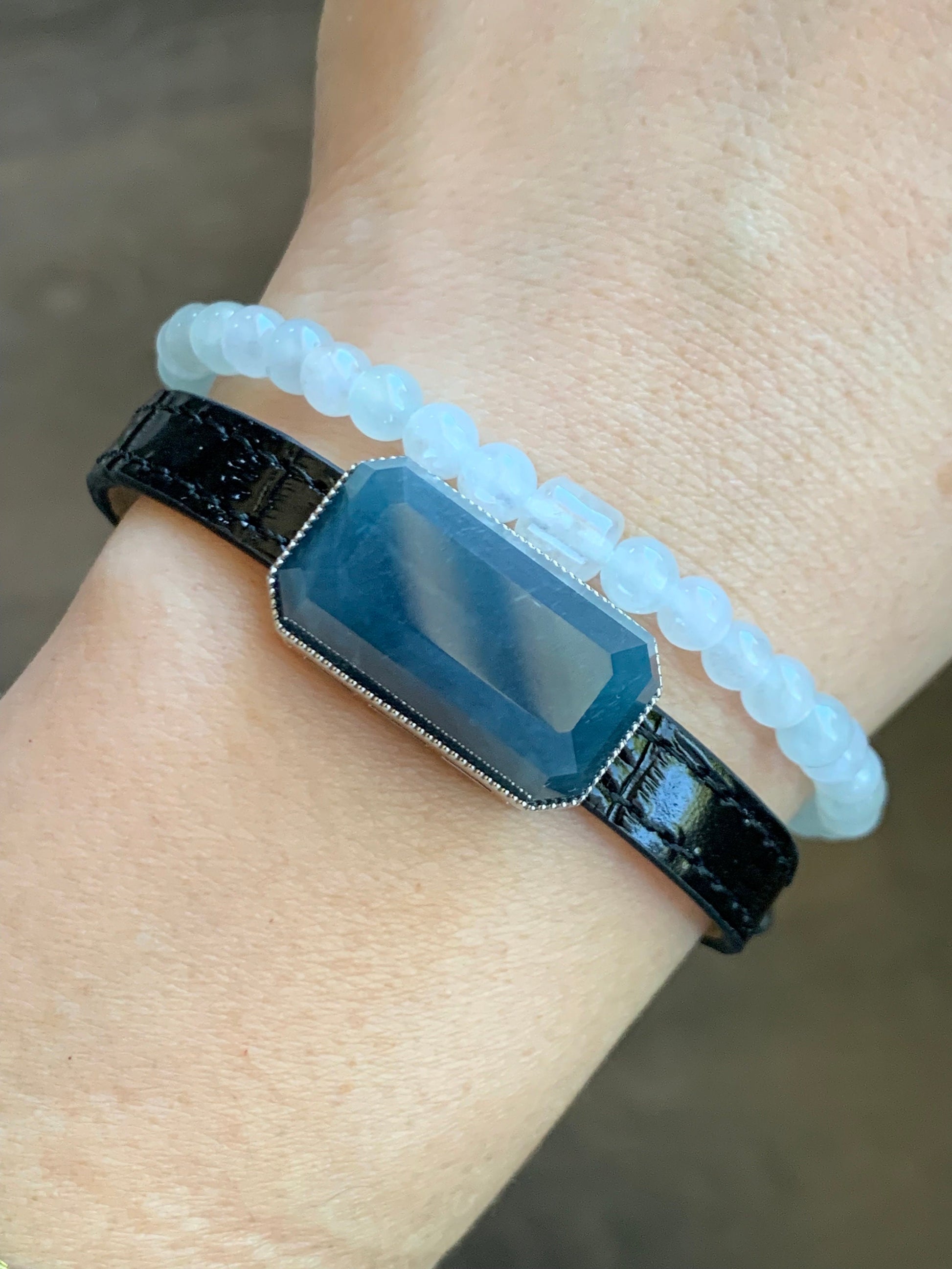Certified Natural Guatemalan Icy Translucent Large Emerald Cut Blue Jeans Jadeite Bracelet Pendant 2-in-1 Sterling Silver 天然冰危牛仔蓝翡翠切割面镶嵌手牌吊坠