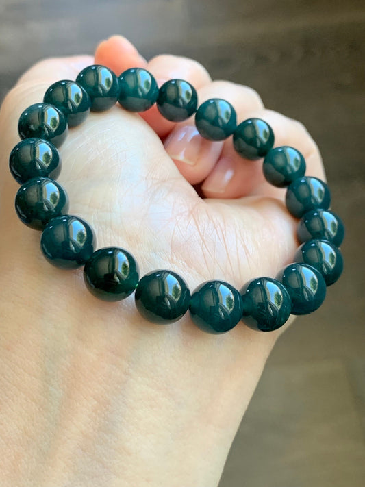 Natural Guatemalan Grade A Icy Translucent Deep Blue Jadeite Beaded Bracelet Stretchy 9.5mm 6.75" 30g 天然冰危深蓝翡翠大卡手串 WSHL325
