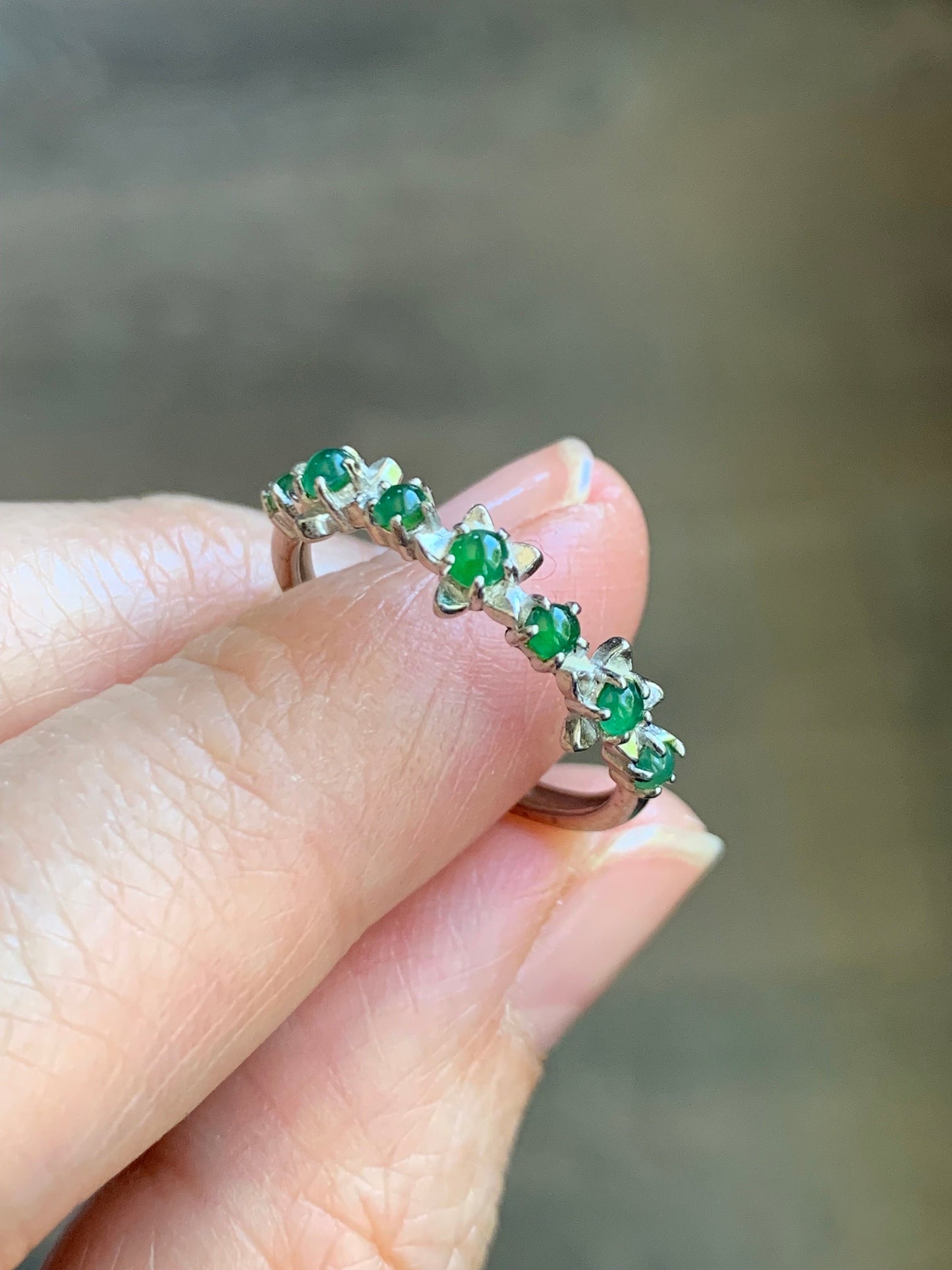 Special! Natural Burmese Icy Translucent Green Jadeite Spring Flower 7-Stone Ring Sterling Silver Adjustable Size 7 天然缅甸冰绿翡翠银镶戒指 MLP60