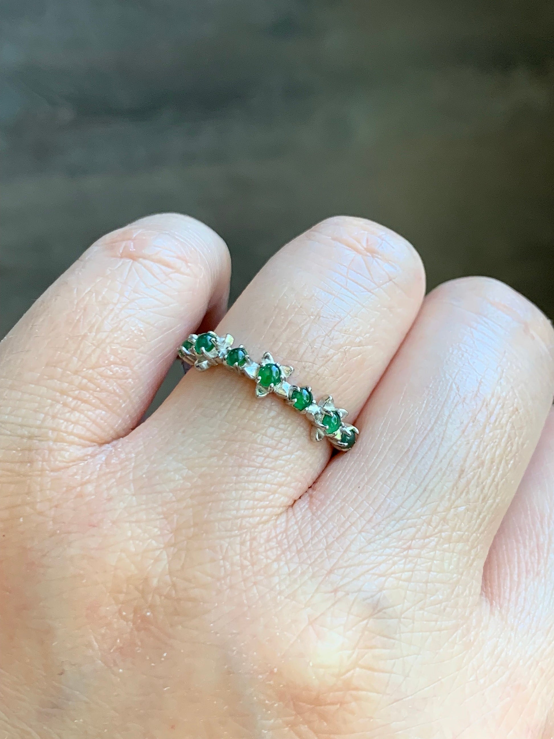 Special! Natural Burmese Icy Translucent Green Jadeite Spring Flower 7-Stone Ring Sterling Silver Adjustable Size 7 天然缅甸冰绿翡翠银镶戒指 MLP60