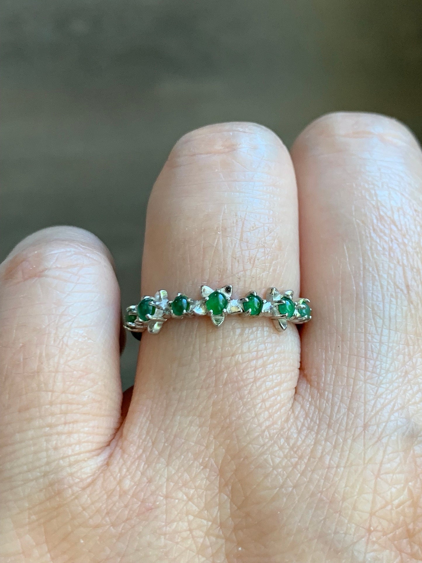 Special! Natural Burmese Icy Translucent Green Jadeite Spring Flower 7-Stone Ring Sterling Silver Adjustable Size 7 天然缅甸冰绿翡翠银镶戒指 MLP60