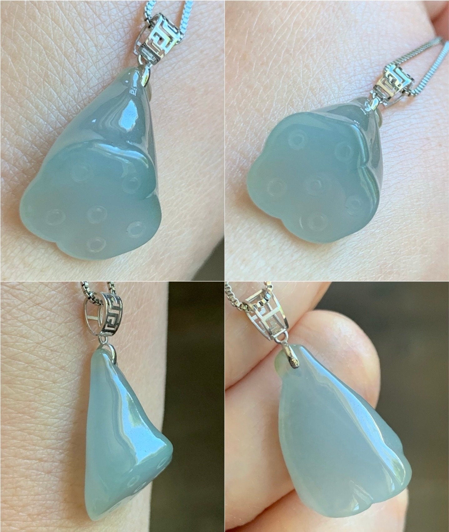 Natural Burmese Icy Translucent Gelatinous Light Green Jadeite Carved Lotus Pod Pendant 18K White Gold 天然缅甸冰晴底翡翠莲蓬镶嵌吊坠