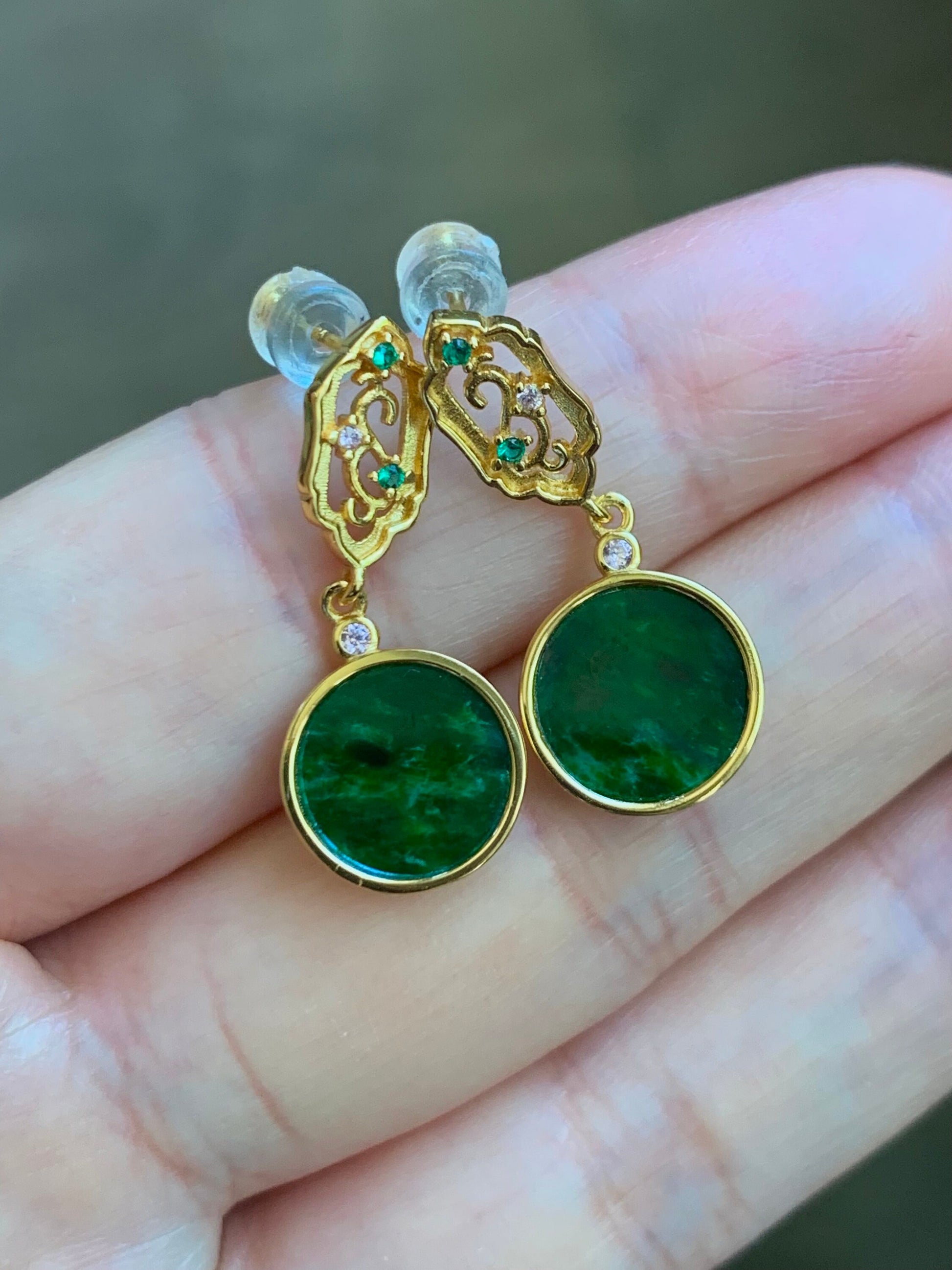 Certified Natural Burmese Icy Vibrant Green Jadeite Coin Dangle Stud Earrings S925 Sterling Silver Yellow Gold Overlay 天然缅甸花青翡翠银镶耳钉 7120