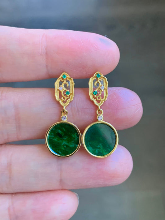 Certified Natural Burmese Icy Vibrant Green Jadeite Coin Dangle Stud Earrings S925 Sterling Silver Yellow Gold Overlay 天然缅甸花青翡翠银镶耳钉 7120