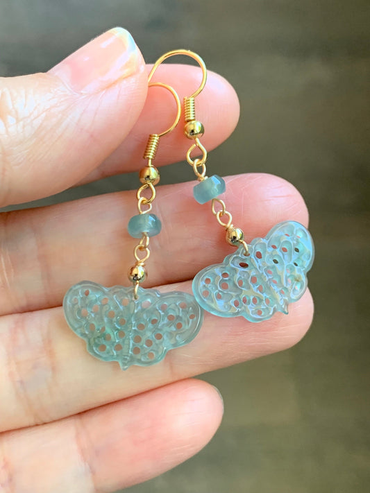 Natural Guatemalan Icy Highly Translucent Light Blue Jadeite Openwork Engraved Butterfly Dangle Earrings 14K gold plated 天然冰危蓝翡翠镂空雕蝴蝶包金耳钩
