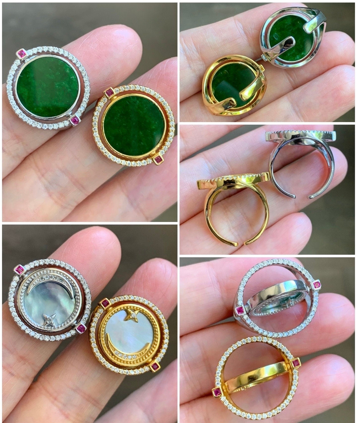 Natural Burmese Grade A Icy Translucent Vibrant Green Jadeite MOP Flip Ring Sterling Silver Size 6 Adjustable 6g 天然缅甸阳绿花青翡翠贝母双面银镶戒指 HQY200