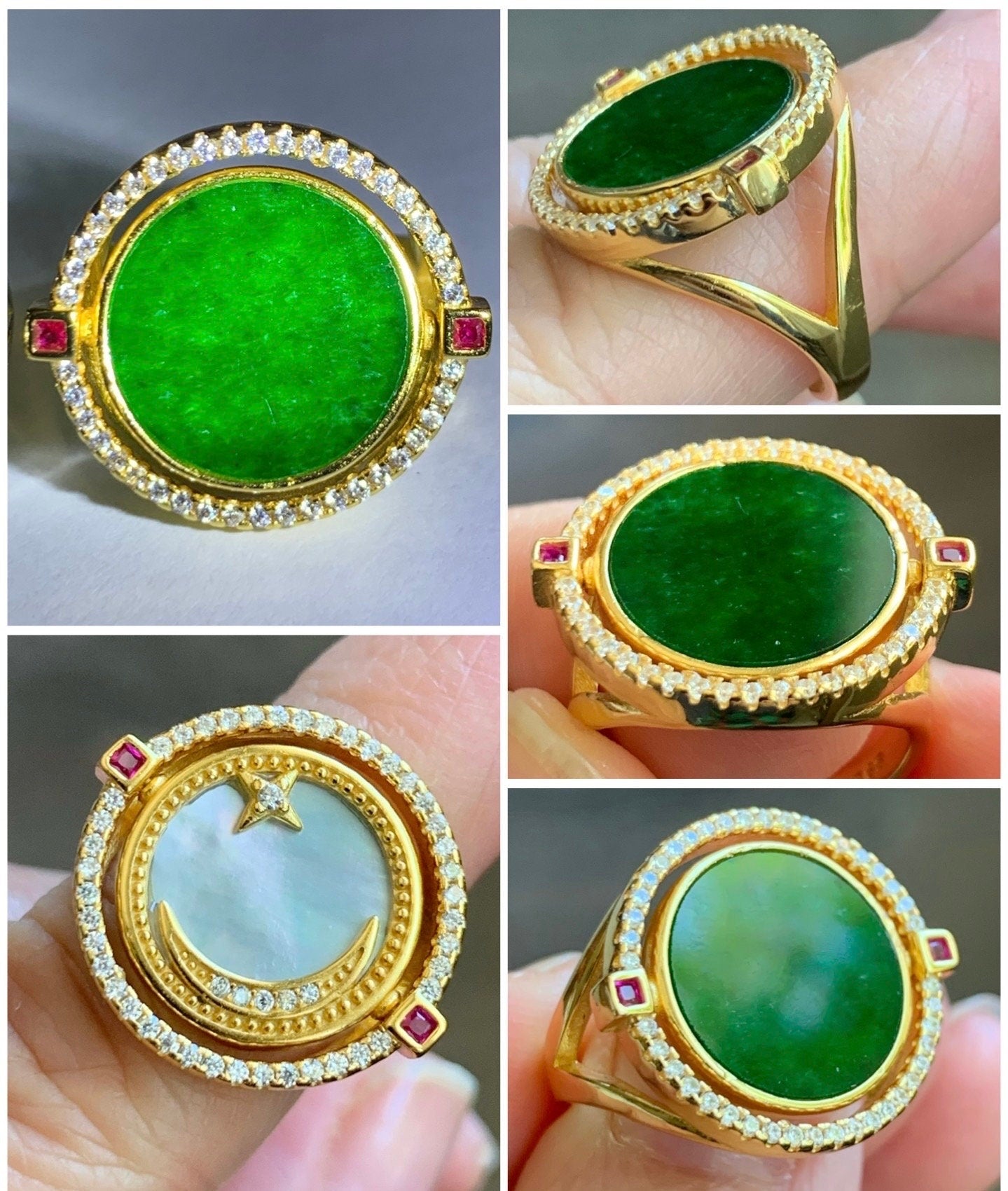 Natural Burmese Grade A Icy Translucent Vibrant Green Jadeite MOP Flip Ring Sterling Silver Size 6 Adjustable 6g 天然缅甸阳绿花青翡翠贝母双面银镶戒指 HQY200