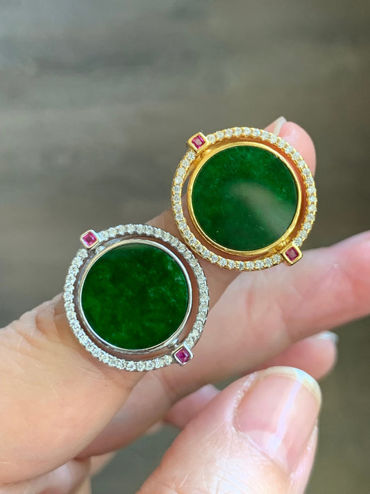 Natural Burmese Grade A Icy Translucent Vibrant Green Jadeite MOP Flip Ring Sterling Silver Size 6 Adjustable 6g 天然缅甸阳绿花青翡翠贝母双面银镶戒指 HQY200