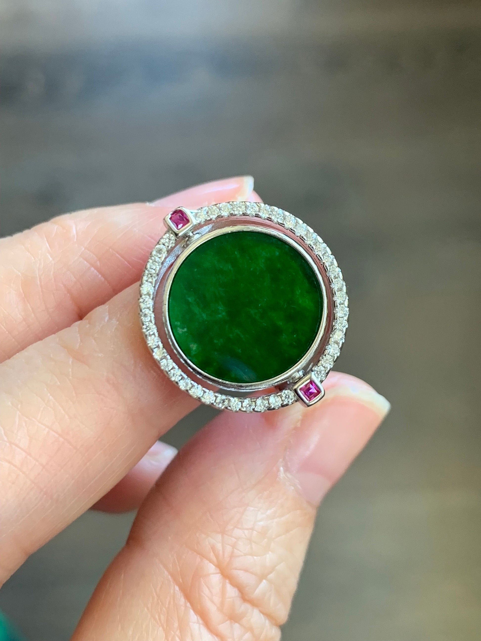 Natural Burmese Grade A Icy Translucent Vibrant Green Jadeite MOP Flip Ring Sterling Silver Size 6 Adjustable 6g 天然缅甸阳绿花青翡翠贝母双面银镶戒指 HQY200