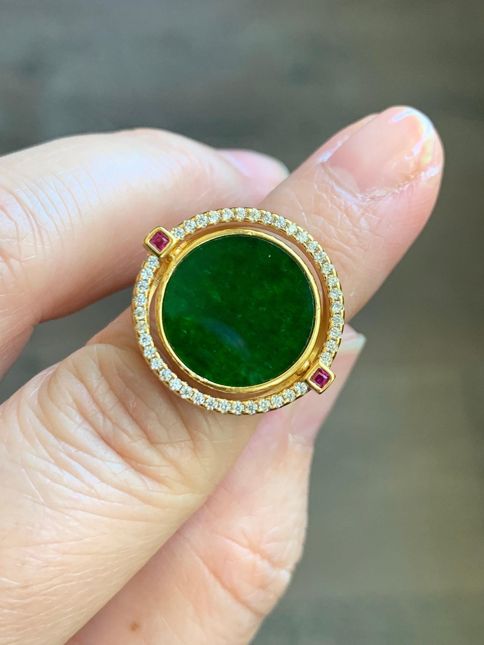 Natural Burmese Grade A Icy Translucent Vibrant Green Jadeite MOP Flip Ring Sterling Silver Size 6 Adjustable 6g 天然缅甸阳绿花青翡翠贝母双面银镶戒指 HQY200