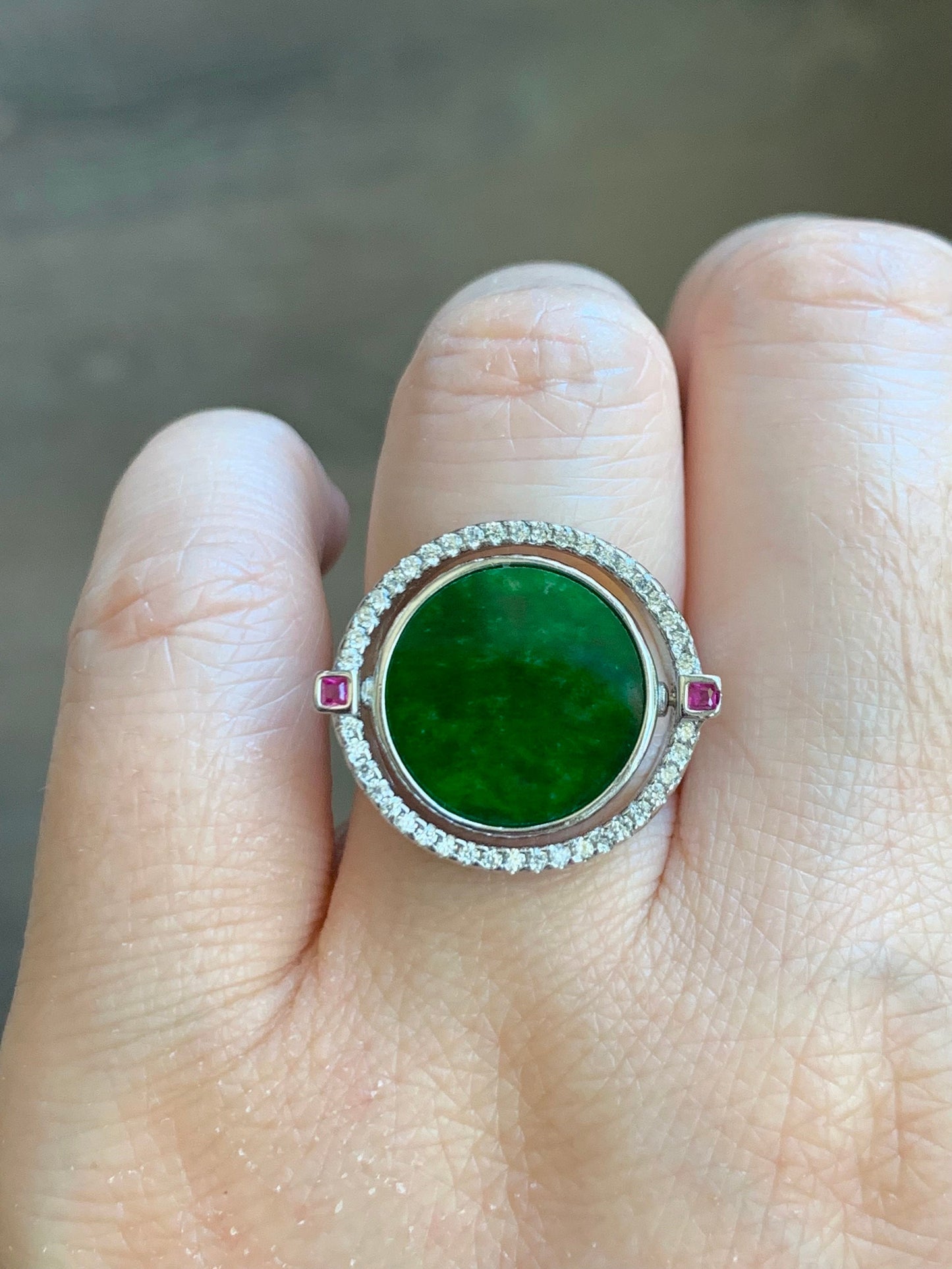 Natural Burmese Grade A Icy Translucent Vibrant Green Jadeite MOP Flip Ring Sterling Silver Size 6 Adjustable 6g 天然缅甸阳绿花青翡翠贝母双面银镶戒指 HQY200