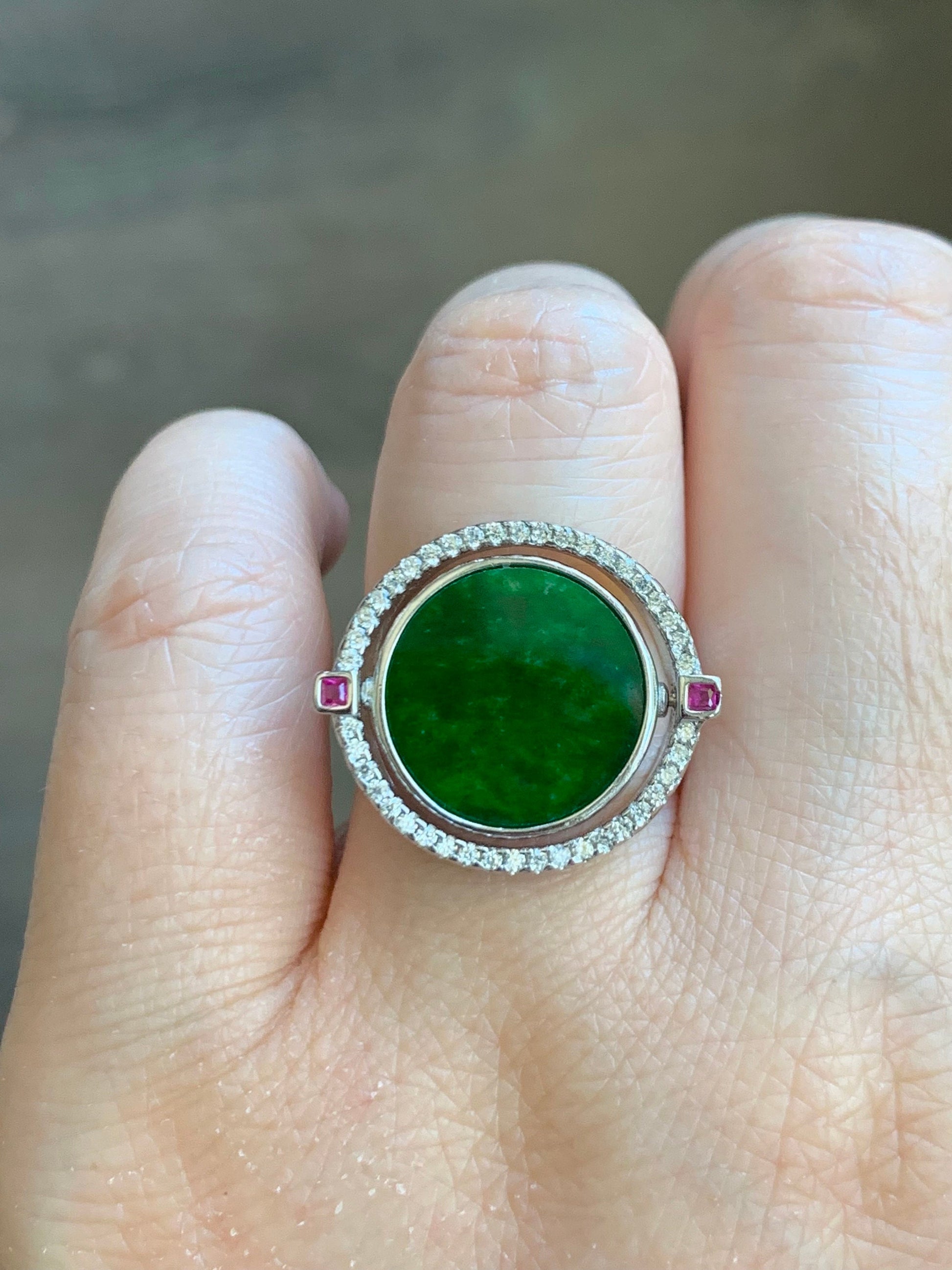 Natural Burmese Grade A Icy Translucent Vibrant Green Jadeite MOP Flip Ring Sterling Silver Size 6 Adjustable 6g 天然缅甸阳绿花青翡翠贝母双面银镶戒指 HQY200