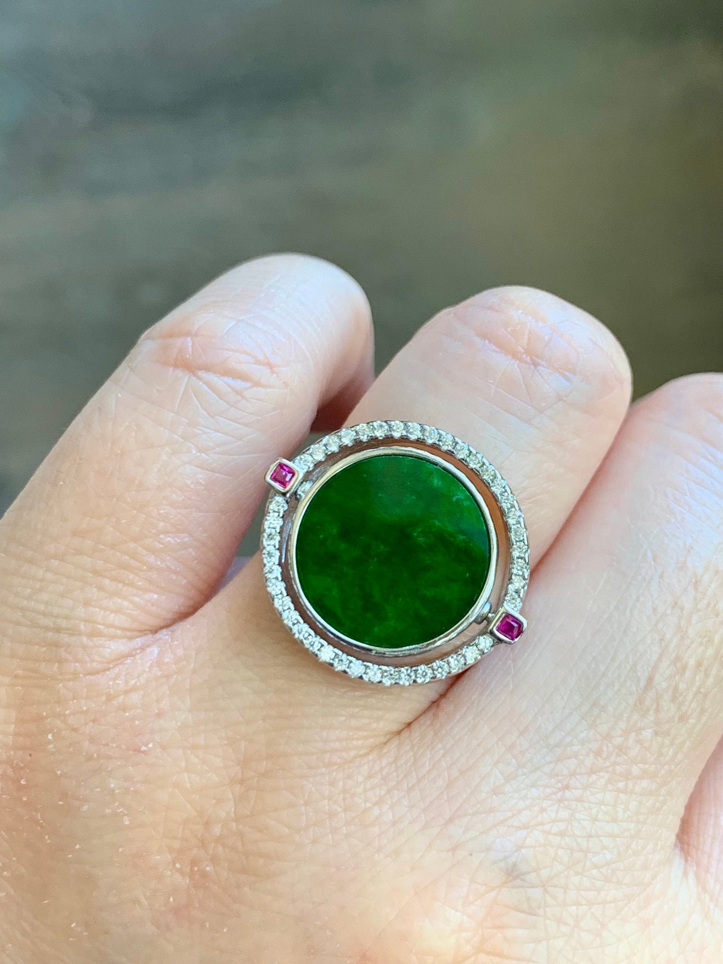 Natural Burmese Grade A Icy Translucent Vibrant Green Jadeite MOP Flip Ring Sterling Silver Size 6 Adjustable 6g 天然缅甸阳绿花青翡翠贝母双面银镶戒指 HQY200