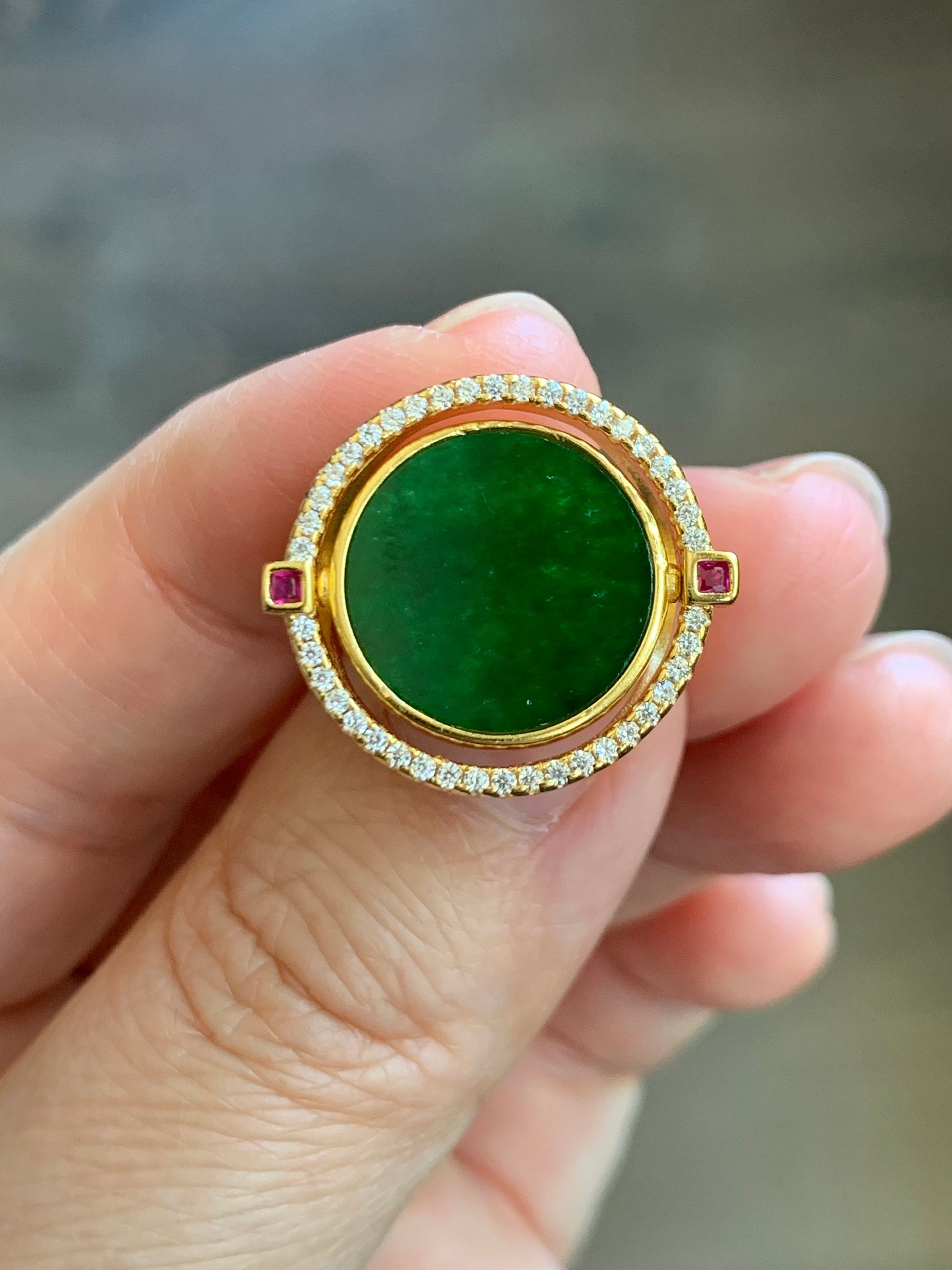 Natural Burmese Grade A Icy Translucent Vibrant Green Jadeite MOP Flip Ring Sterling Silver Size 6 Adjustable 6g 天然缅甸阳绿花青翡翠贝母双面银镶戒指 HQY200