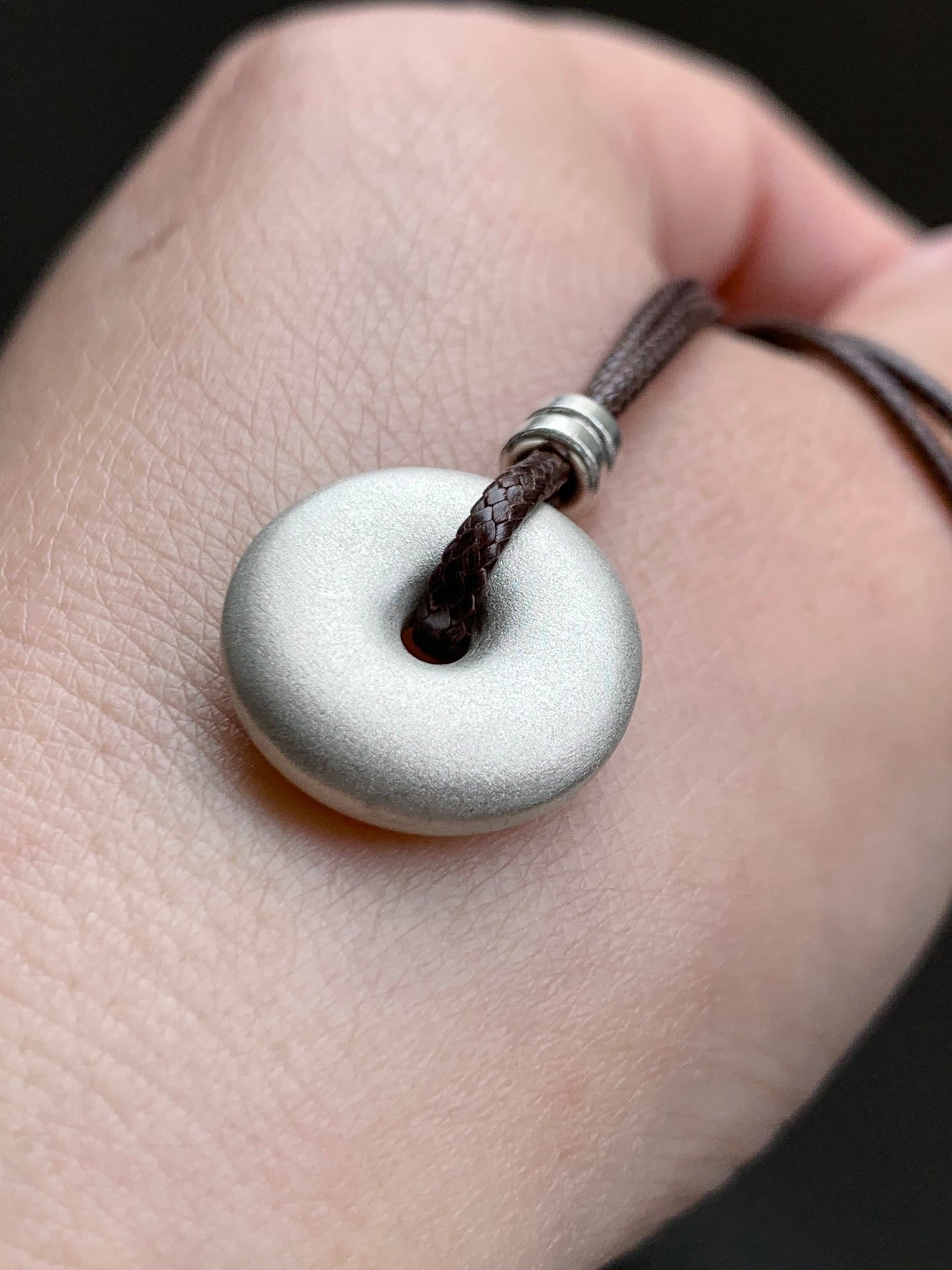 Solid 999 Sterling Silver Small Ping An Kou Donut Blessing Amulet Pendant on Brown Rope Necklace Adjustable 28” 12 grams 999足银平安扣吊坠