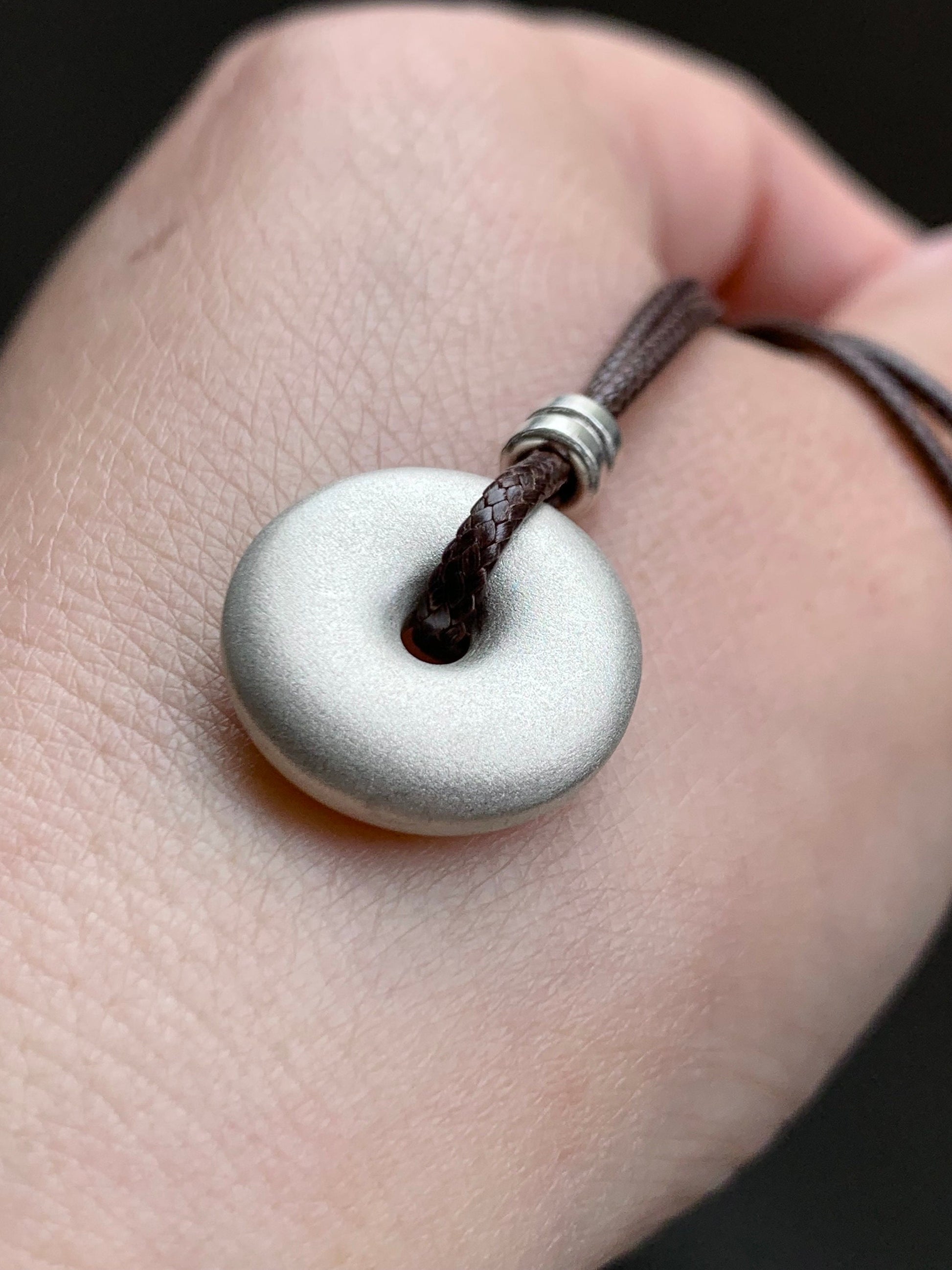 Solid 999 Sterling Silver Small Ping An Kou Donut Blessing Amulet Pendant on Brown Rope Necklace Adjustable 28” 12 grams 999足银平安扣吊坠