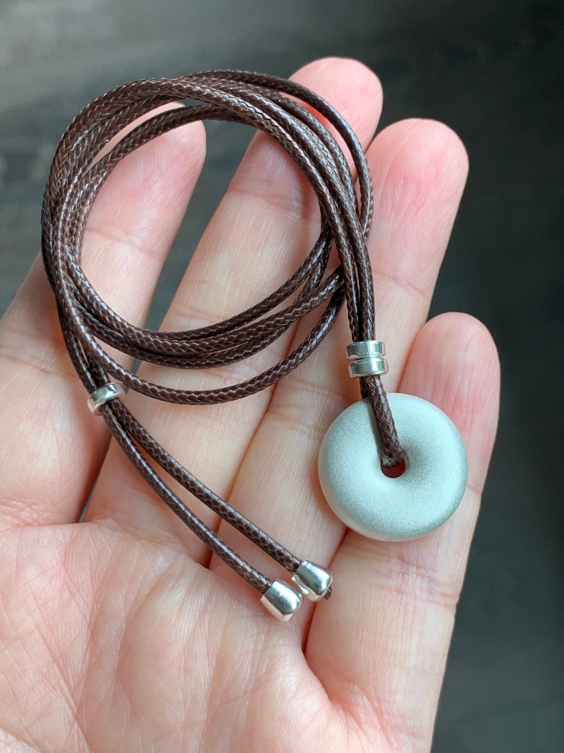 Solid 999 Sterling Silver Small Ping An Kou Donut Blessing Amulet Pendant on Brown Rope Necklace Adjustable 28” 12 grams 999足银平安扣吊坠