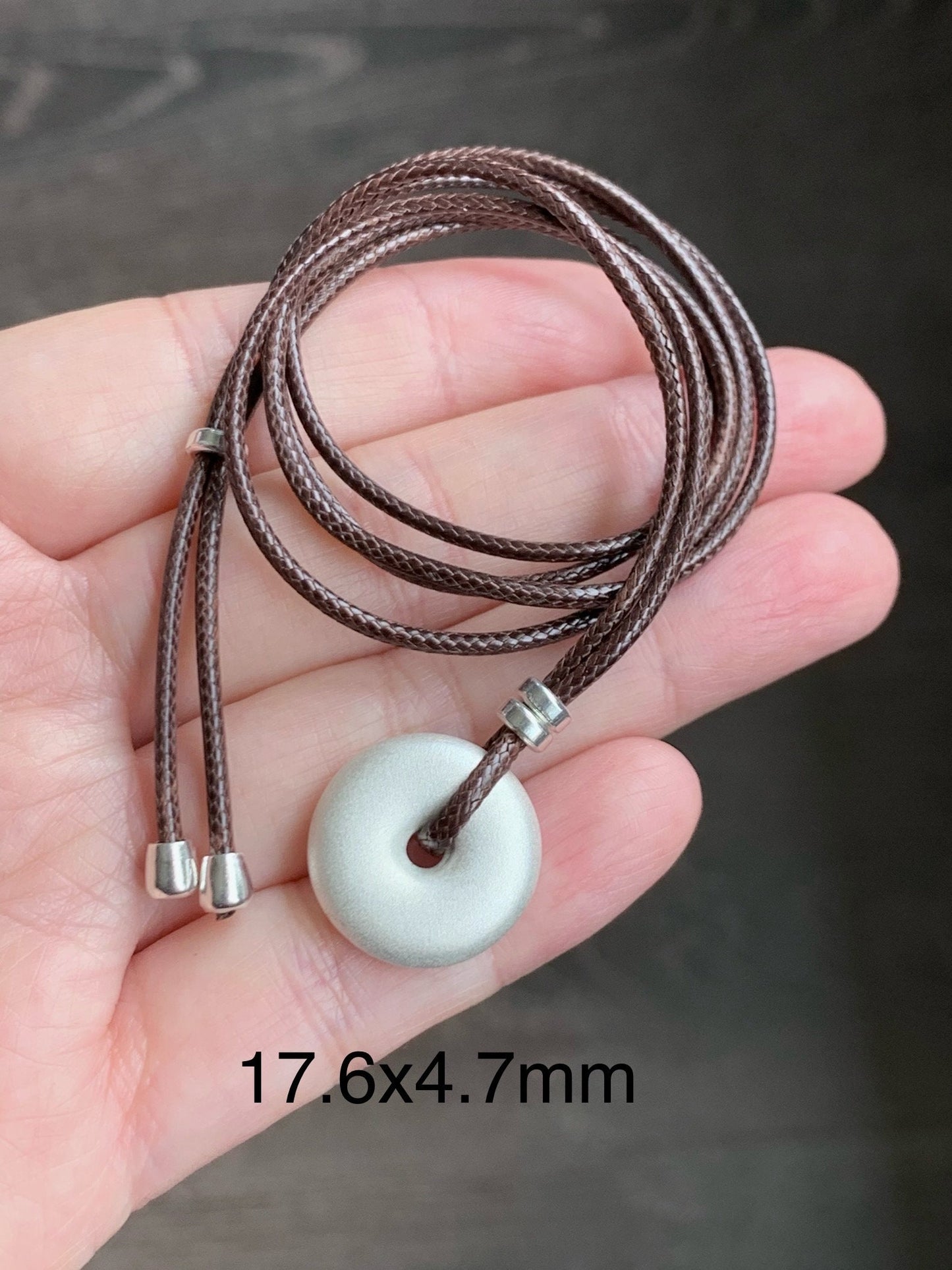 Solid 999 Sterling Silver Small Ping An Kou Donut Blessing Amulet Pendant on Brown Rope Necklace Adjustable 28” 12 grams 999足银平安扣吊坠