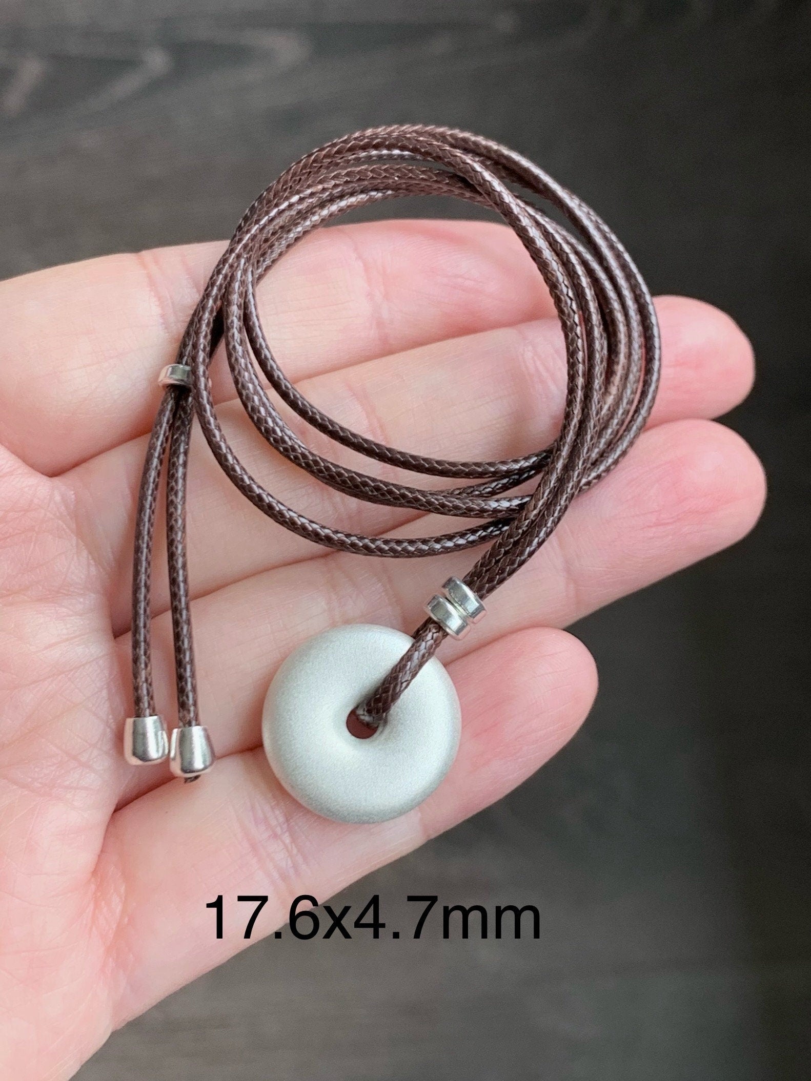 Solid 999 Sterling Silver Small Ping An Kou Donut Blessing Amulet Pendant on Brown Rope Necklace Adjustable 28” 12 grams 999足银平安扣吊坠