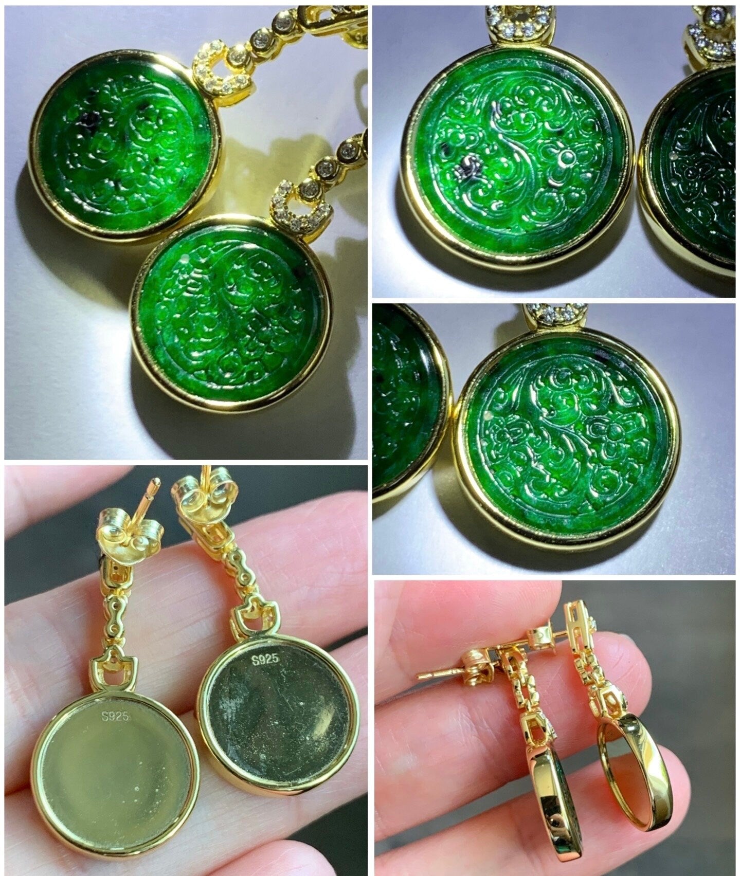 Certified Natural Burmese Grade A Icy Rich Green Jadeite Engraved Coin Dangle Earrings Sterling Silver YG Overlay 天然缅甸冰浓绿翡翠仿古雕银镶耳环 7121