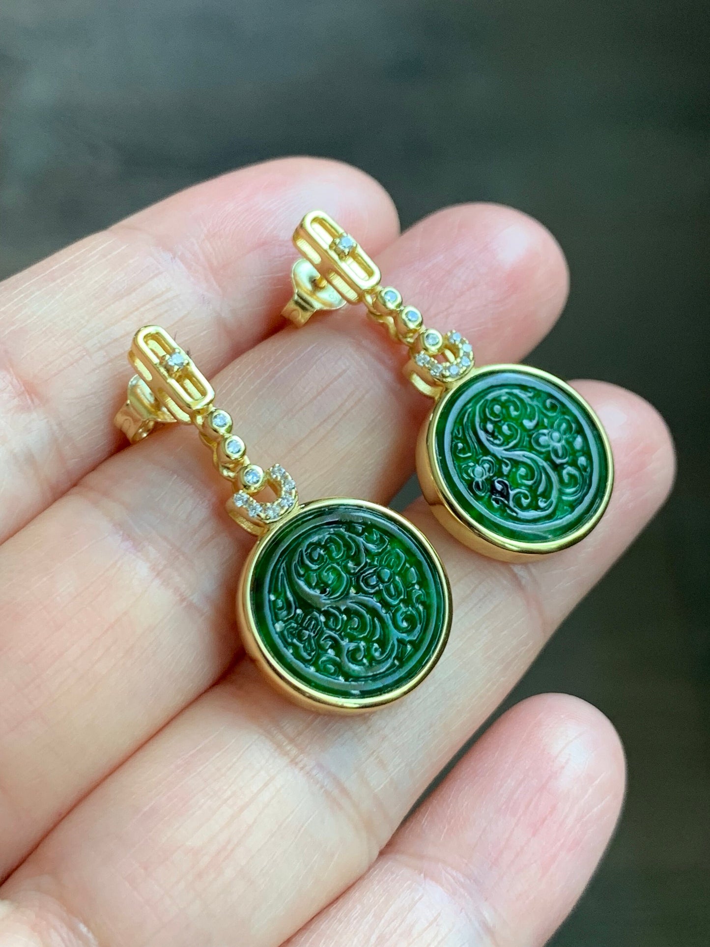 Certified Natural Burmese Grade A Icy Rich Green Jadeite Engraved Coin Dangle Earrings Sterling Silver YG Overlay 天然缅甸冰浓绿翡翠仿古雕银镶耳环 7121