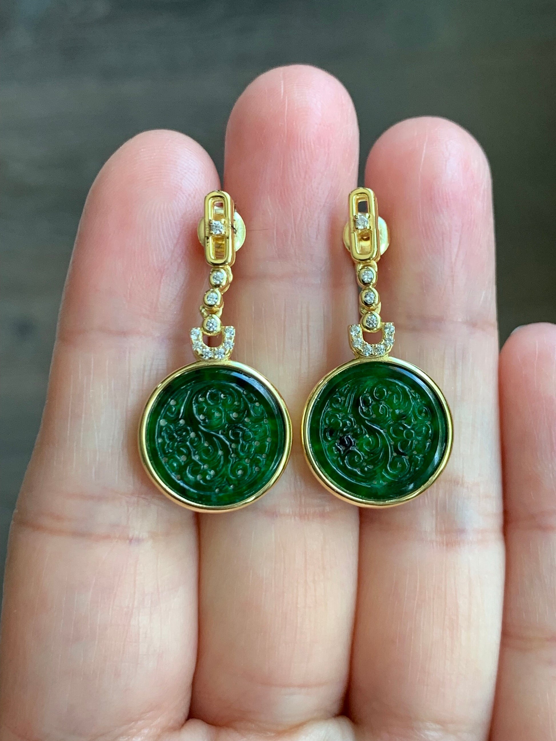Certified Natural Burmese Grade A Icy Rich Green Jadeite Engraved Coin Dangle Earrings Sterling Silver YG Overlay 天然缅甸冰浓绿翡翠仿古雕银镶耳环 7121