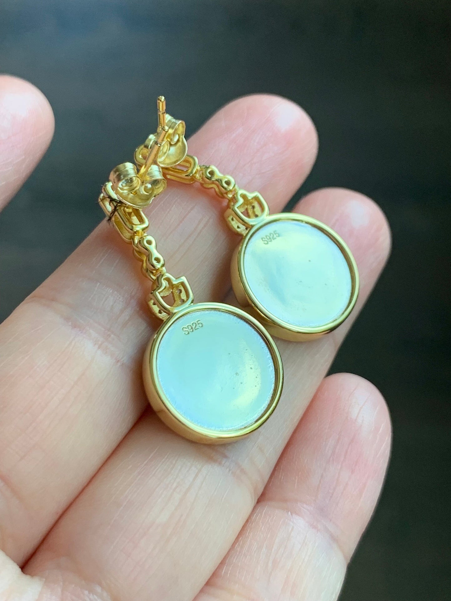Certified Natural Burmese Grade A Icy Rich Green Jadeite Engraved Coin Dangle Earrings Sterling Silver YG Overlay 天然缅甸冰浓绿翡翠仿古雕银镶耳环 7121