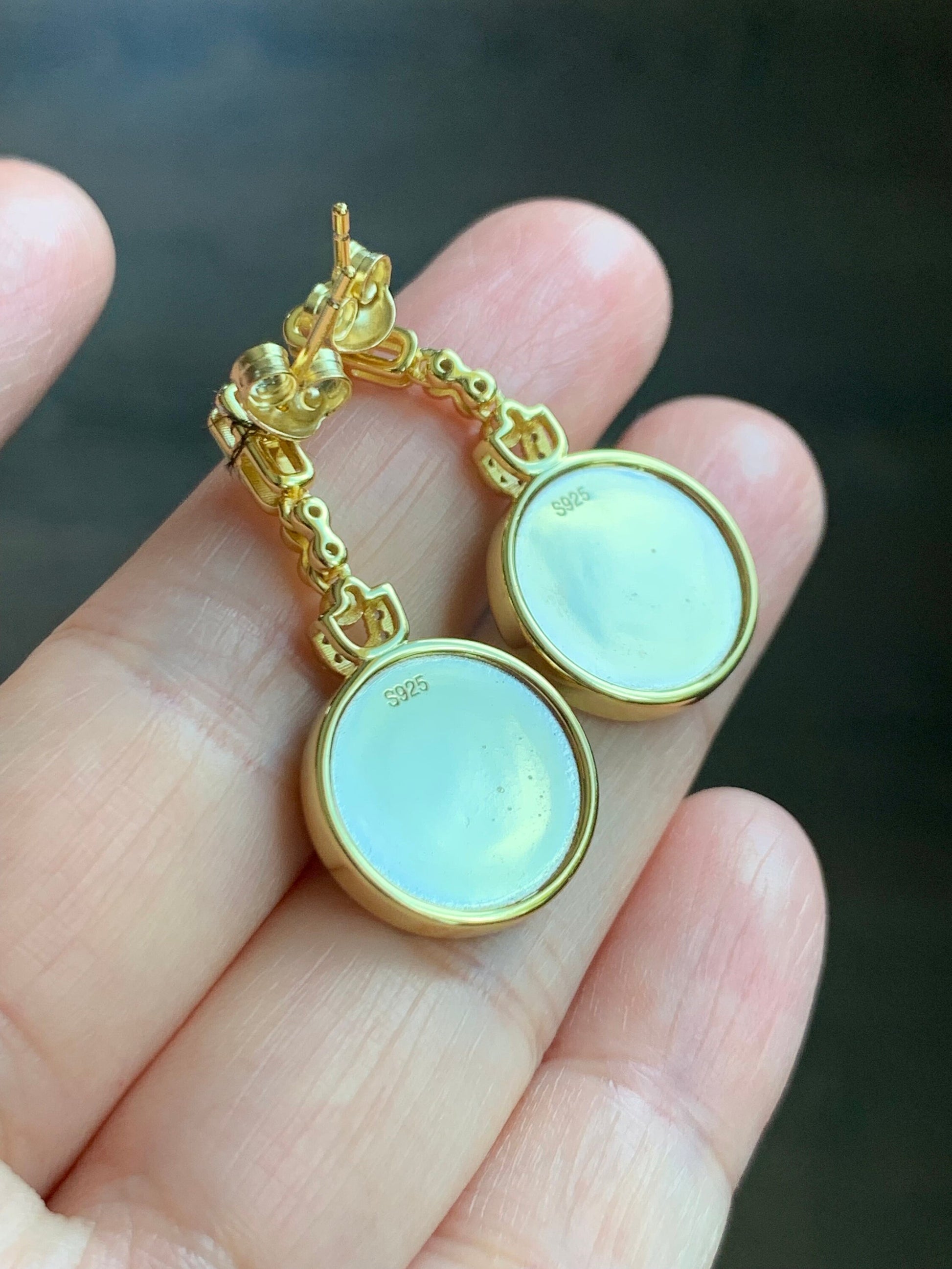 Certified Natural Burmese Grade A Icy Rich Green Jadeite Engraved Coin Dangle Earrings Sterling Silver YG Overlay 天然缅甸冰浓绿翡翠仿古雕银镶耳环 7121