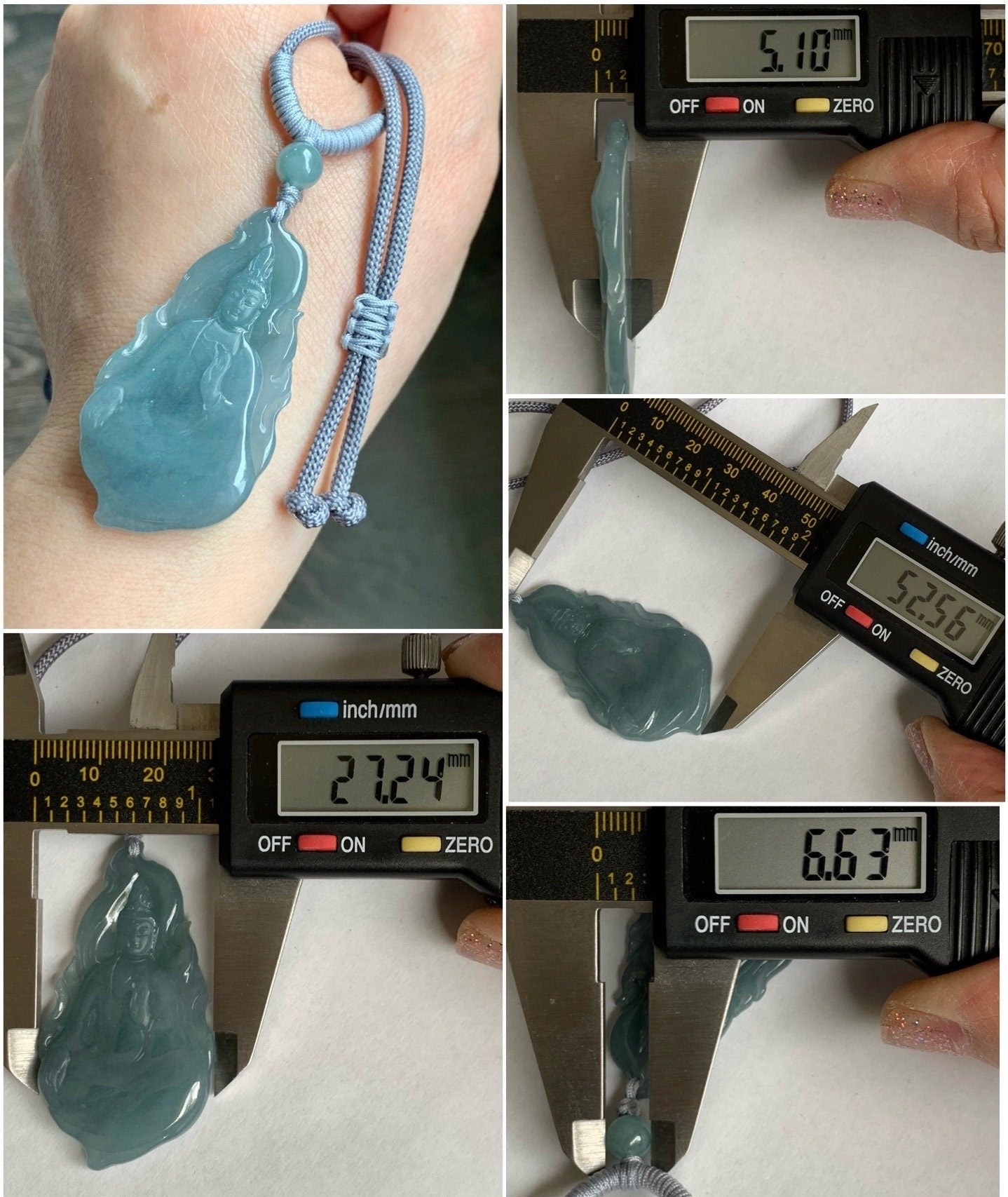 Natural Guatemalan Icy Highly Translucent Gelatinous Blue Jadeite Guanyin Pendant 18K White Gold Bail 天然冰胶危蓝翡翠自在观音吊坠