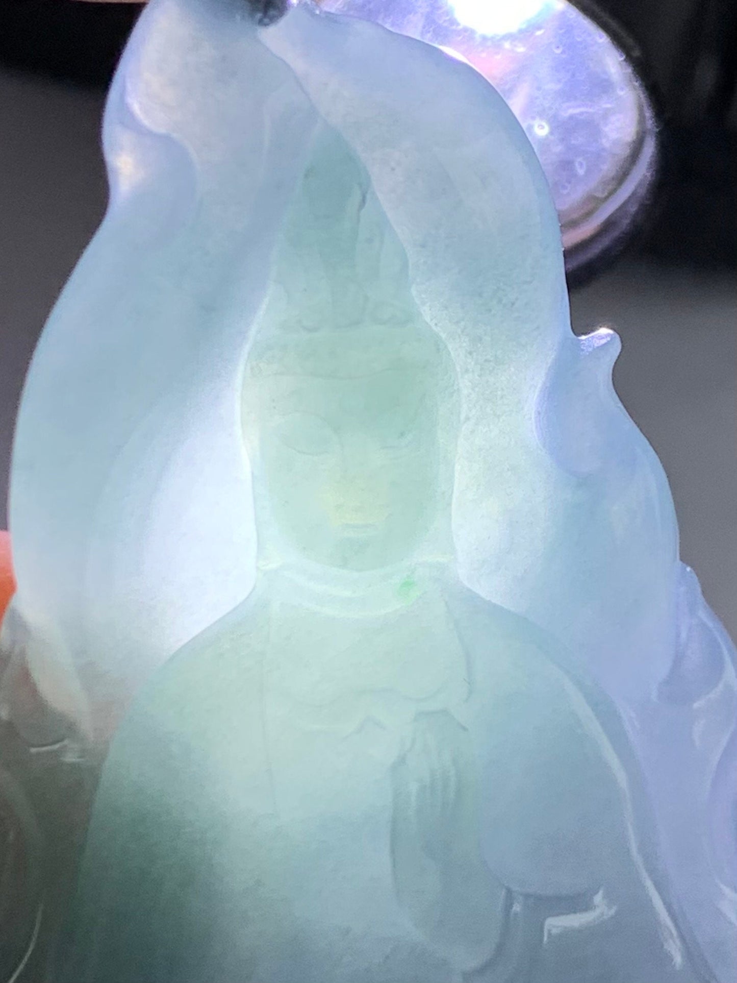 Natural Guatemalan Icy Highly Translucent Gelatinous Blue Jadeite Guanyin Pendant 18K White Gold Bail 天然冰胶危蓝翡翠自在观音吊坠