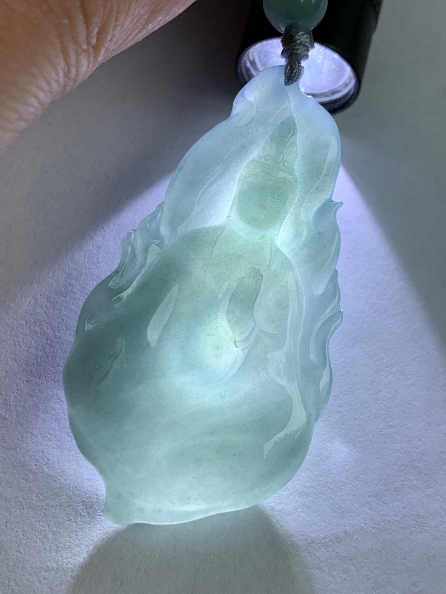 Natural Guatemalan Icy Highly Translucent Gelatinous Blue Jadeite Guanyin Pendant 18K White Gold Bail 天然冰胶危蓝翡翠自在观音吊坠