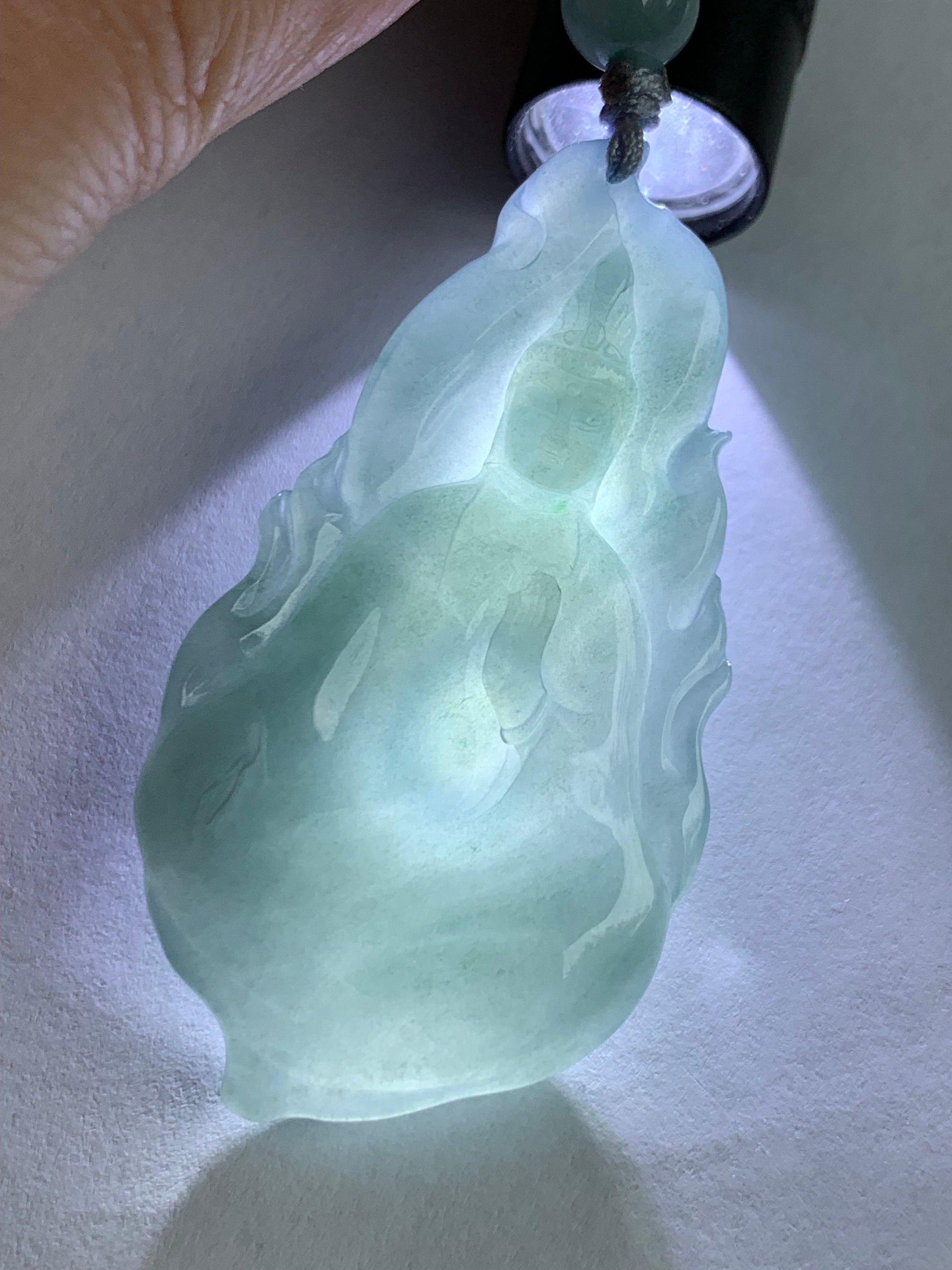 Natural Guatemalan Icy Highly Translucent Gelatinous Blue Jadeite Guanyin Pendant 18K White Gold Bail 天然冰胶危蓝翡翠自在观音吊坠
