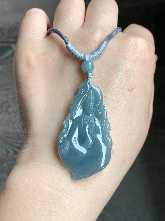 Natural Guatemalan Icy Highly Translucent Gelatinous Blue Jadeite Guanyin Pendant 18K White Gold Bail 天然冰胶危蓝翡翠自在观音吊坠
