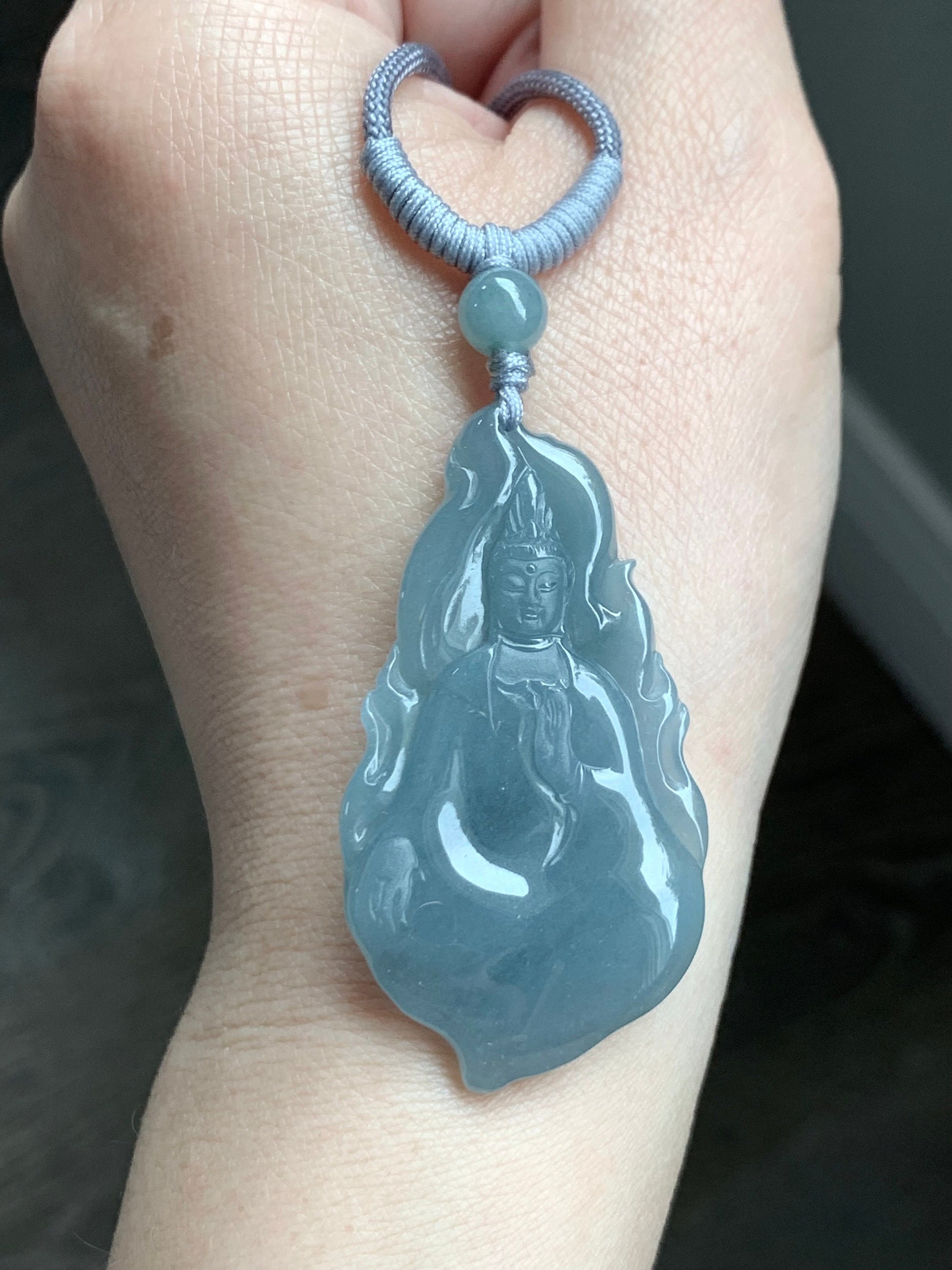 Natural Guatemalan Icy Highly Translucent Gelatinous Blue Jadeite Guanyin Pendant 18K White Gold Bail 天然冰胶危蓝翡翠自在观音吊坠