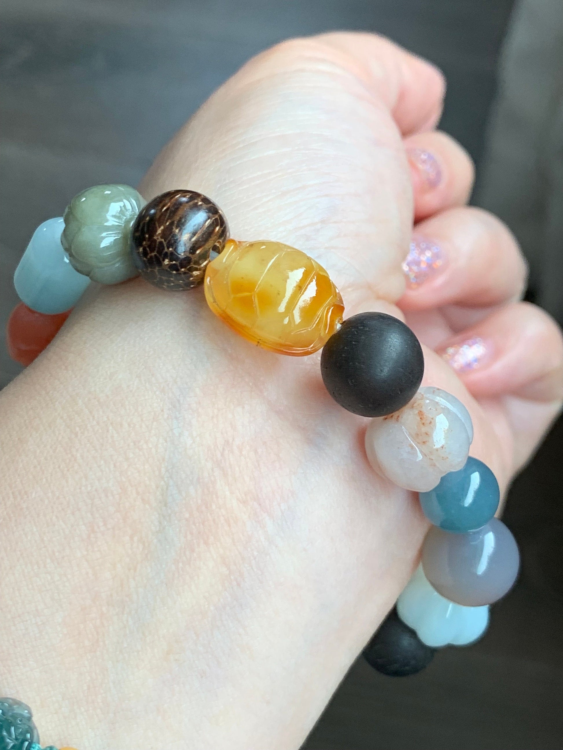 Natural Burmese Guatemalan Grade A Jadeite Agarwood Multi Gemstone Beads Beaded Bracelet Stretchy 7.5” 33g Sterling Silver 天然翡翠彩宝木珠银珠多宝手串