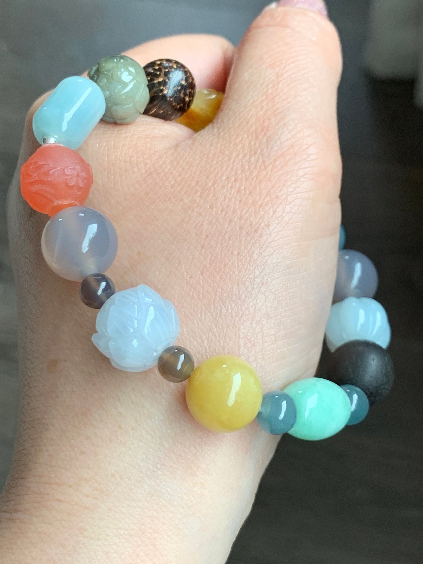 Natural Burmese Guatemalan Grade A Jadeite Agarwood Multi Gemstone Beads Beaded Bracelet Stretchy 7.5” 33g Sterling Silver 天然翡翠彩宝木珠银珠多宝手串