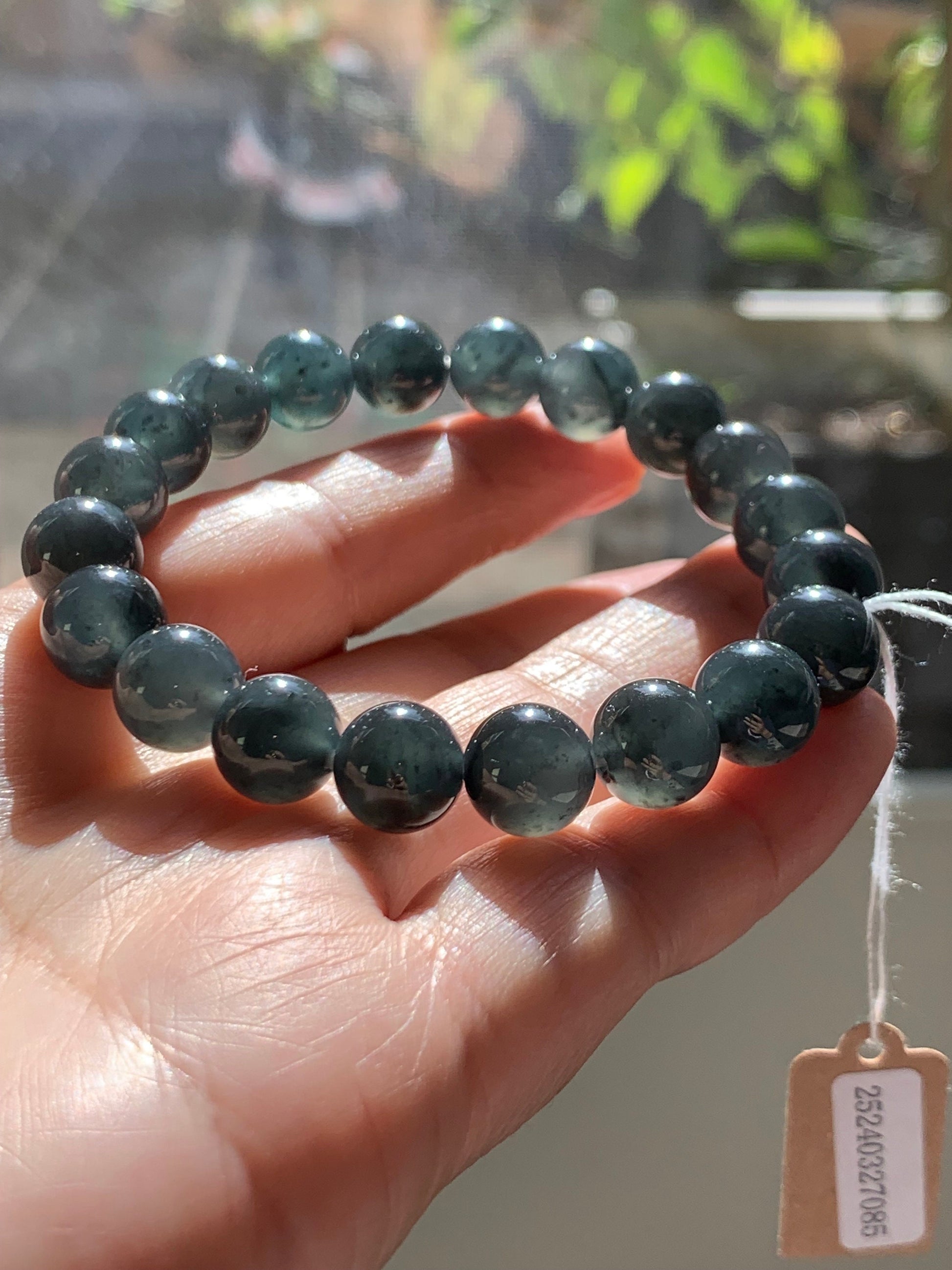 Certified Guatemalan Natural Icy Highly Translucent Gelatinous Dark Blue Wuji Marbled Jadeite Beaded Bracelet 7” 30.6g 天然冰胶危深蓝乌鸡翡翠手串 7085