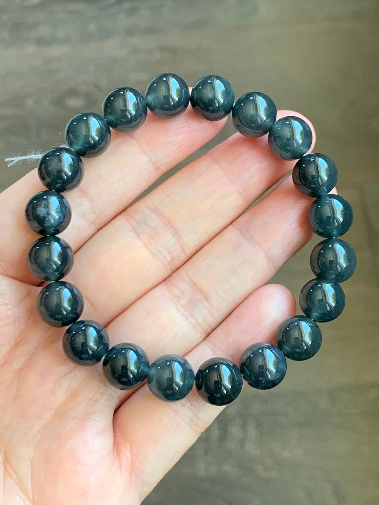 Certified Guatemalan Natural Icy Highly Translucent Gelatinous Dark Blue Wuji Marbled Jadeite Beaded Bracelet 7” 30.6g 天然冰胶危深蓝乌鸡翡翠手串 7085