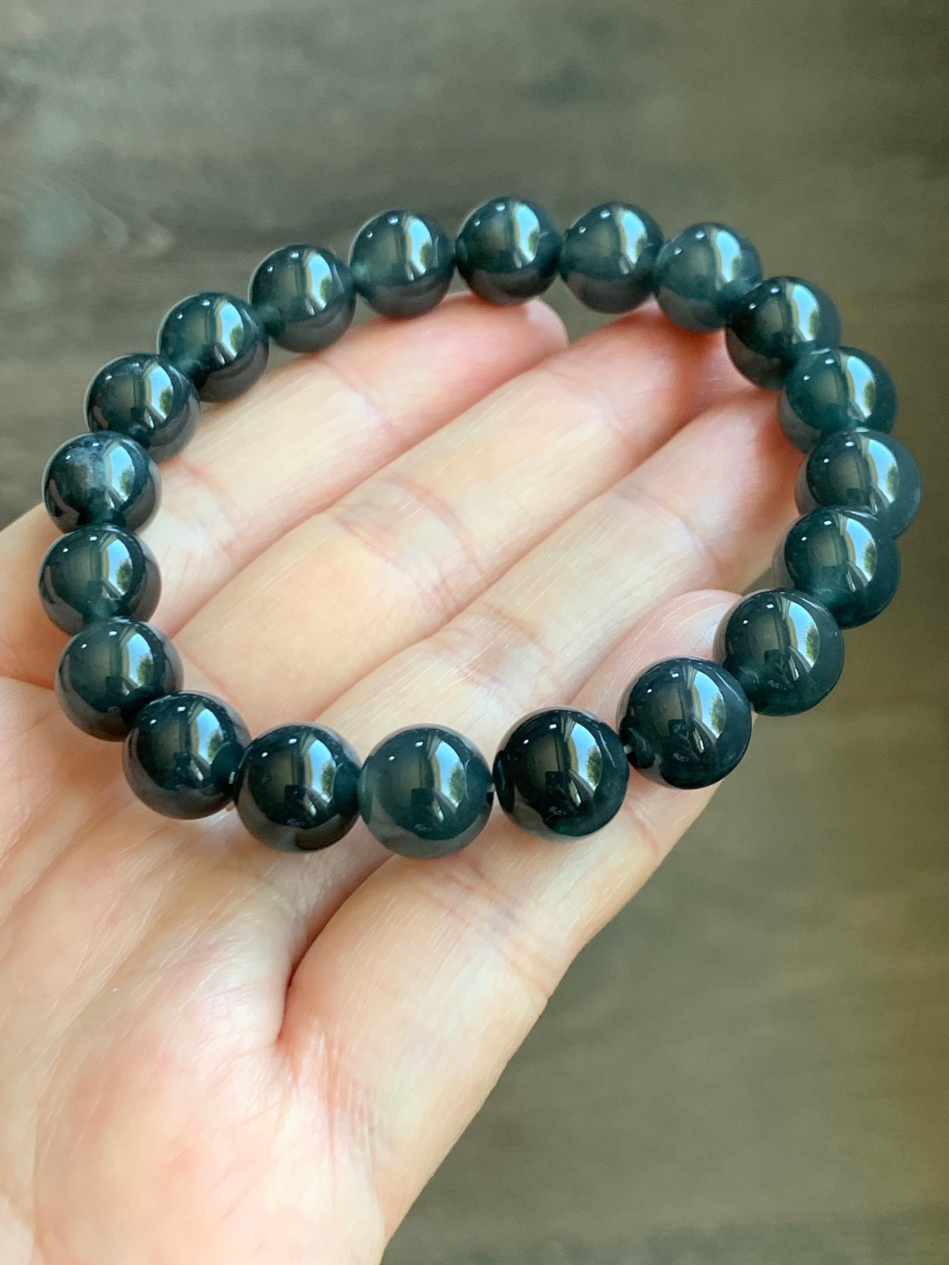 Certified Guatemalan Natural Icy Highly Translucent Gelatinous Dark Blue Wuji Marbled Jadeite Beaded Bracelet 7” 30.6g 天然冰胶危深蓝乌鸡翡翠手串 7085