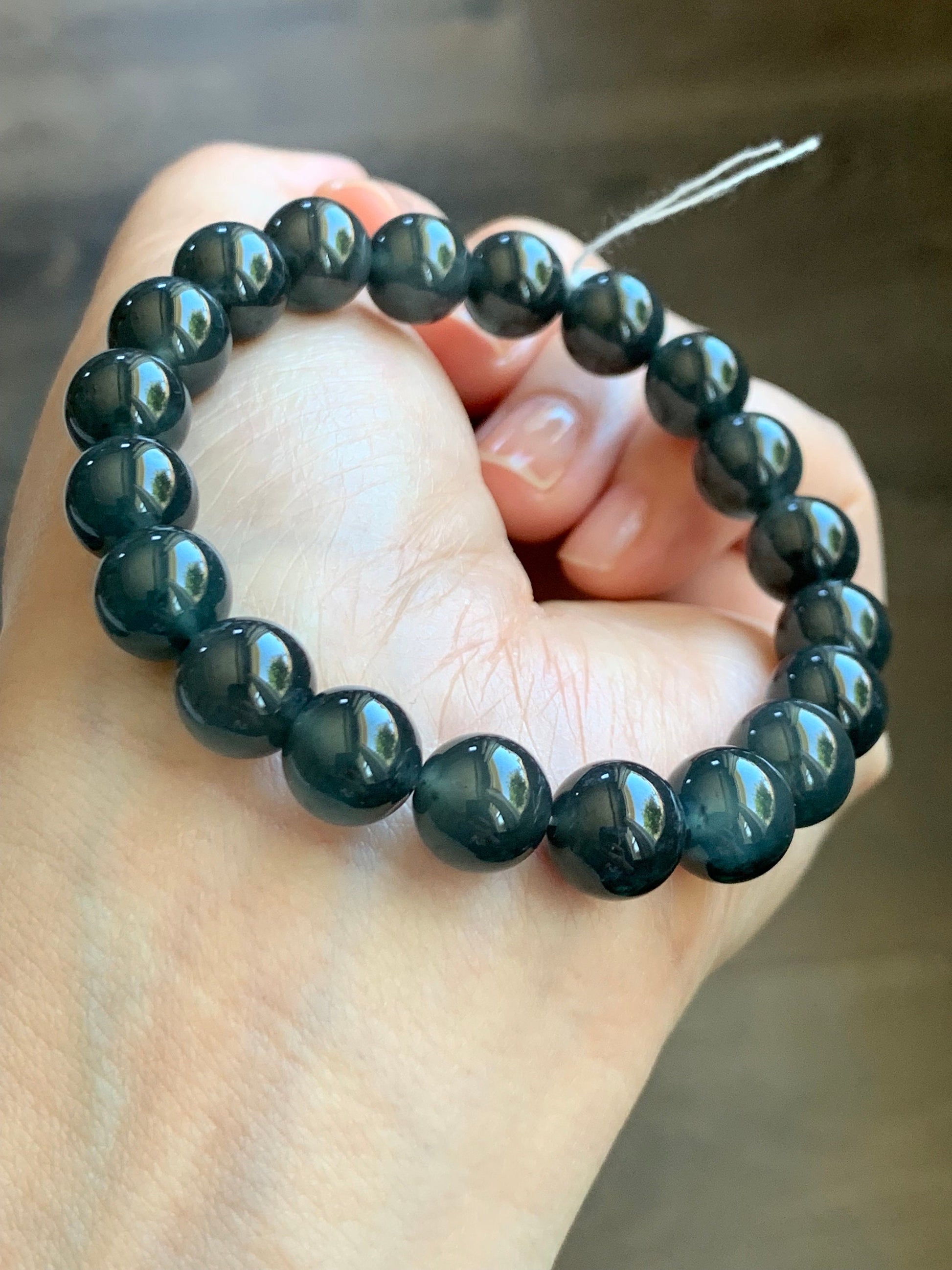 Certified Guatemalan Natural Icy Highly Translucent Gelatinous Dark Blue Wuji Marbled Jadeite Beaded Bracelet 7” 30.6g 天然冰胶危深蓝乌鸡翡翠手串 7085