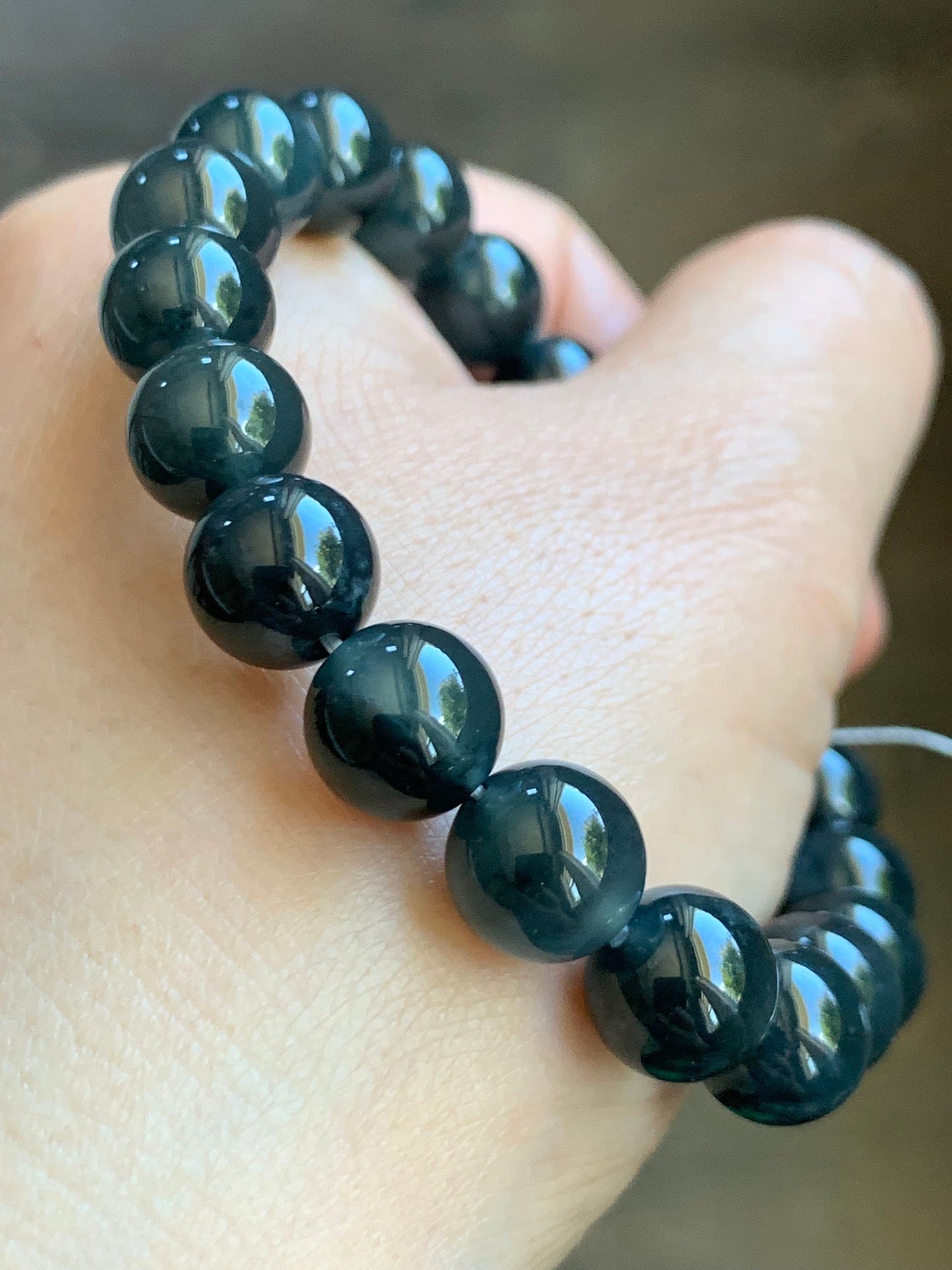 Certified Guatemalan Natural Icy Highly Translucent Gelatinous Dark Blue Wuji Marbled Jadeite Beaded Bracelet 7” 30.6g 天然冰胶危深蓝乌鸡翡翠手串 7085
