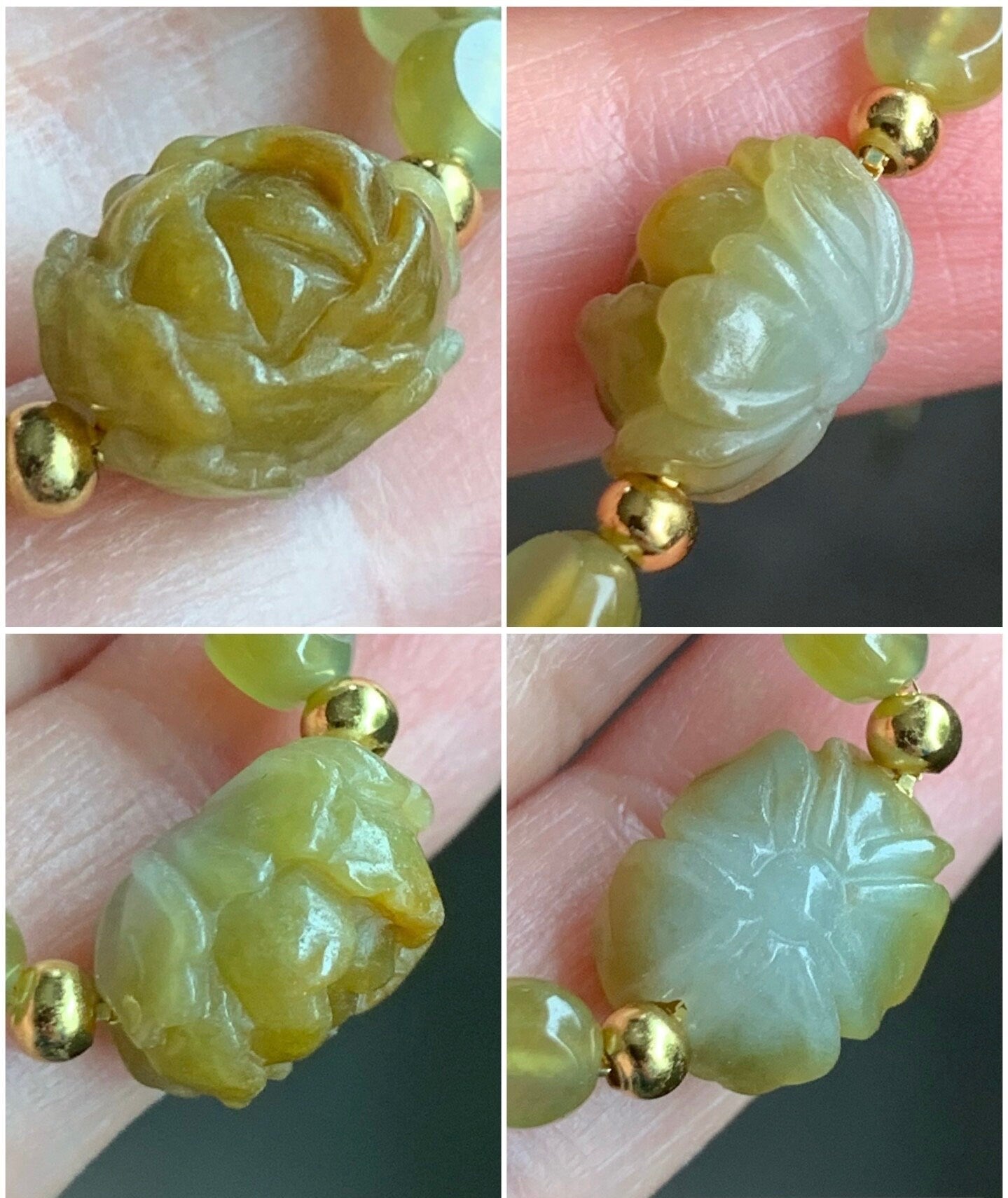 Natural Burmese Guatemalan Icy Translucent Yellow Jadeite Peony Flower Coin Beads Chain Bracelet Sterling Silver 6”-7” 天然缅甸黄翡牡丹花冰危黄圆饼珠银手链