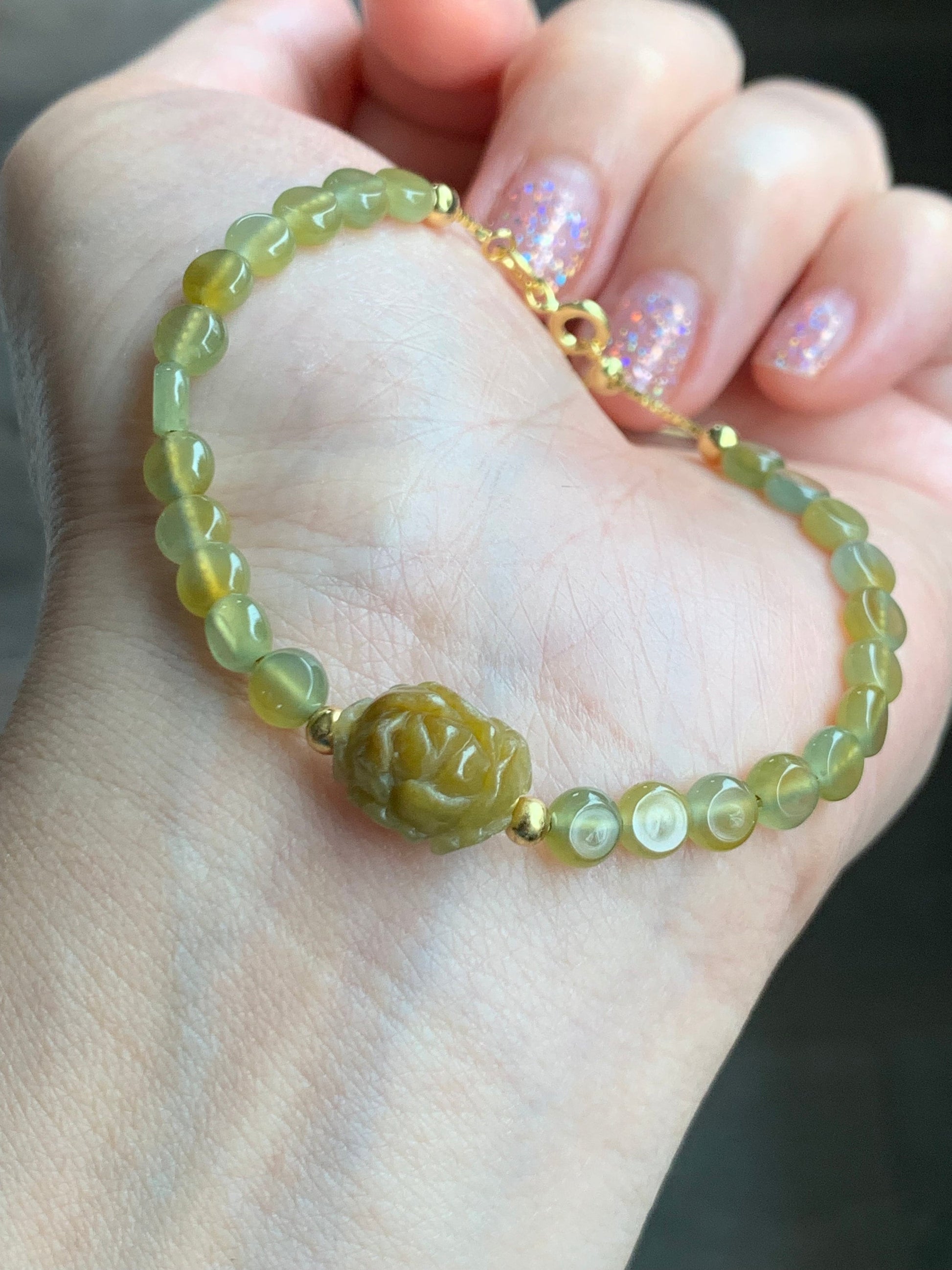 Natural Burmese Guatemalan Icy Translucent Yellow Jadeite Peony Flower Coin Beads Chain Bracelet Sterling Silver 6”-7” 天然缅甸黄翡牡丹花冰危黄圆饼珠银手链