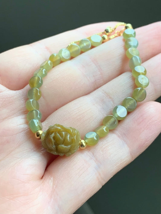 Natural Burmese Guatemalan Icy Translucent Yellow Jadeite Peony Flower Coin Beads Chain Bracelet Sterling Silver 6”-7” 天然缅甸黄翡牡丹花冰危黄圆饼珠银手链