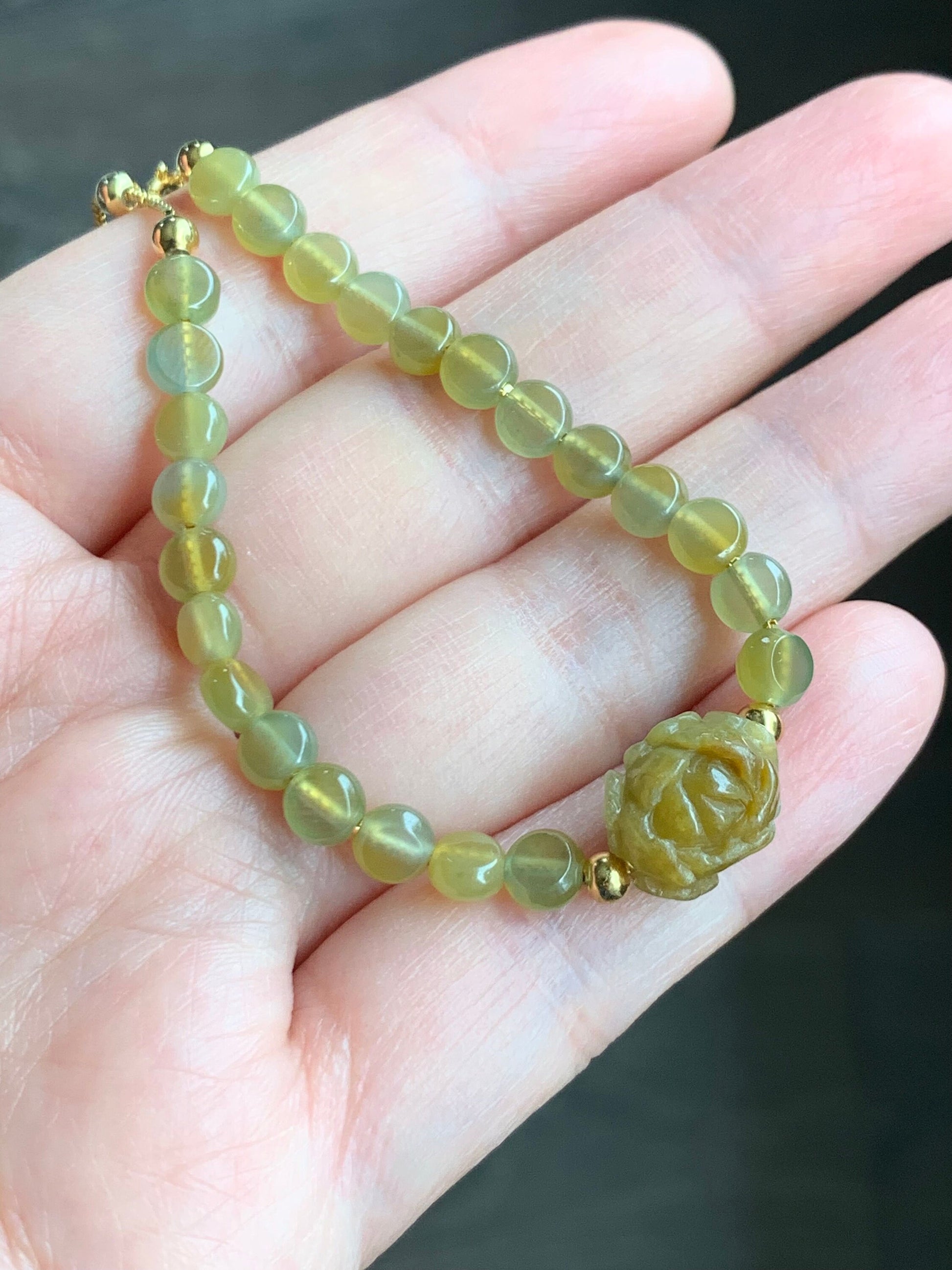 Natural Burmese Guatemalan Icy Translucent Yellow Jadeite Peony Flower Coin Beads Chain Bracelet Sterling Silver 6”-7” 天然缅甸黄翡牡丹花冰危黄圆饼珠银手链
