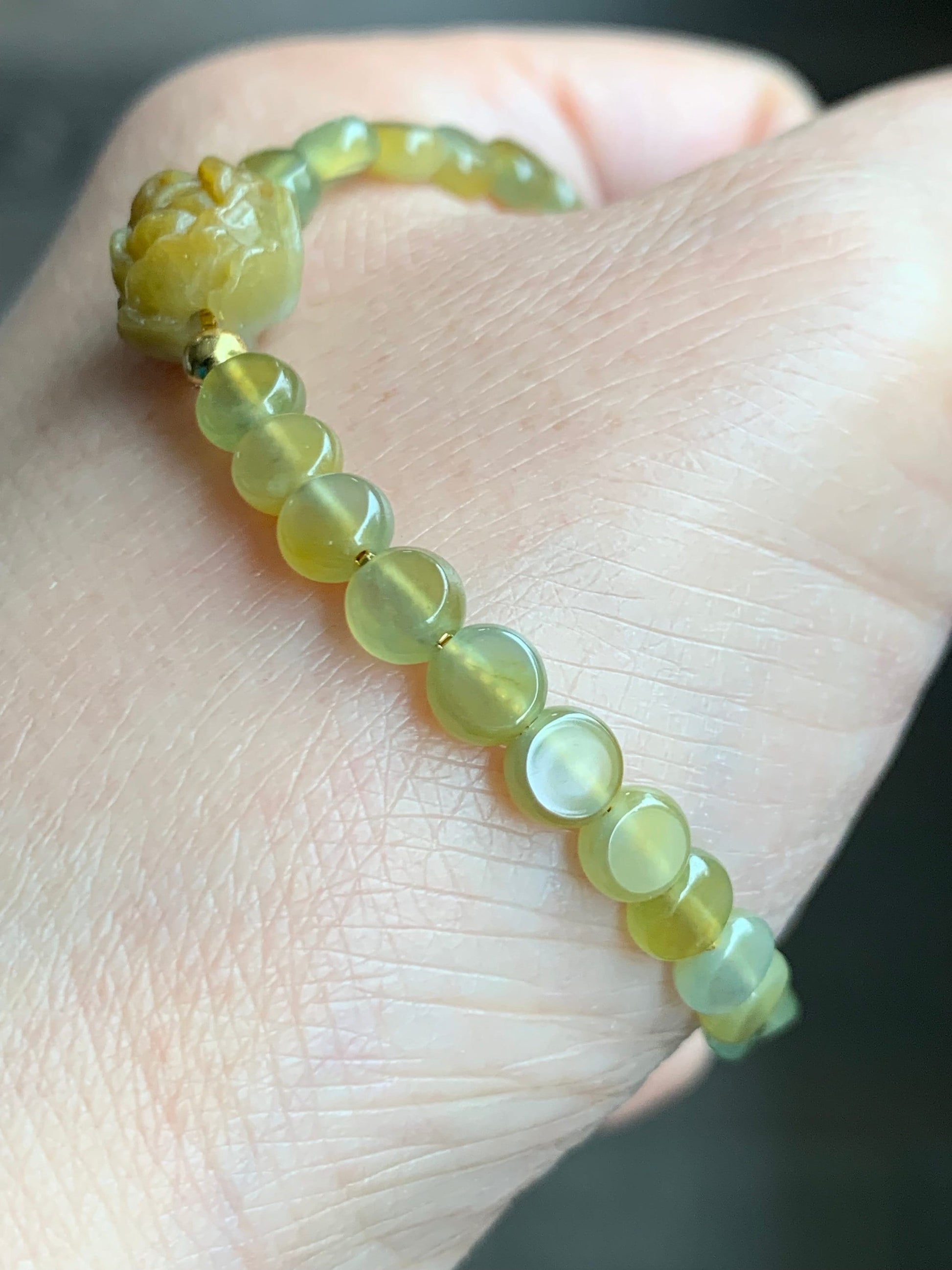 Natural Burmese Guatemalan Icy Translucent Yellow Jadeite Peony Flower Coin Beads Chain Bracelet Sterling Silver 6”-7” 天然缅甸黄翡牡丹花冰危黄圆饼珠银手链