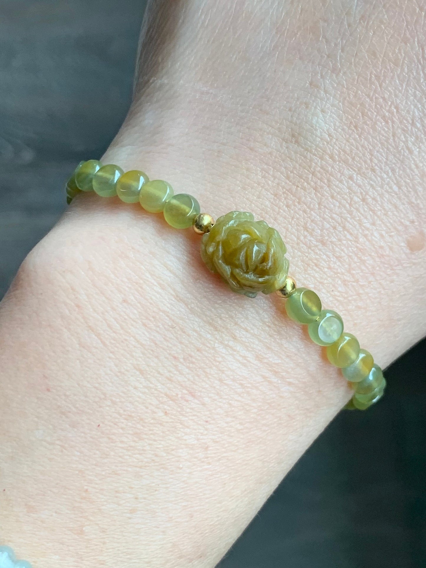 Natural Burmese Guatemalan Icy Translucent Yellow Jadeite Peony Flower Coin Beads Chain Bracelet Sterling Silver 6”-7” 天然缅甸黄翡牡丹花冰危黄圆饼珠银手链