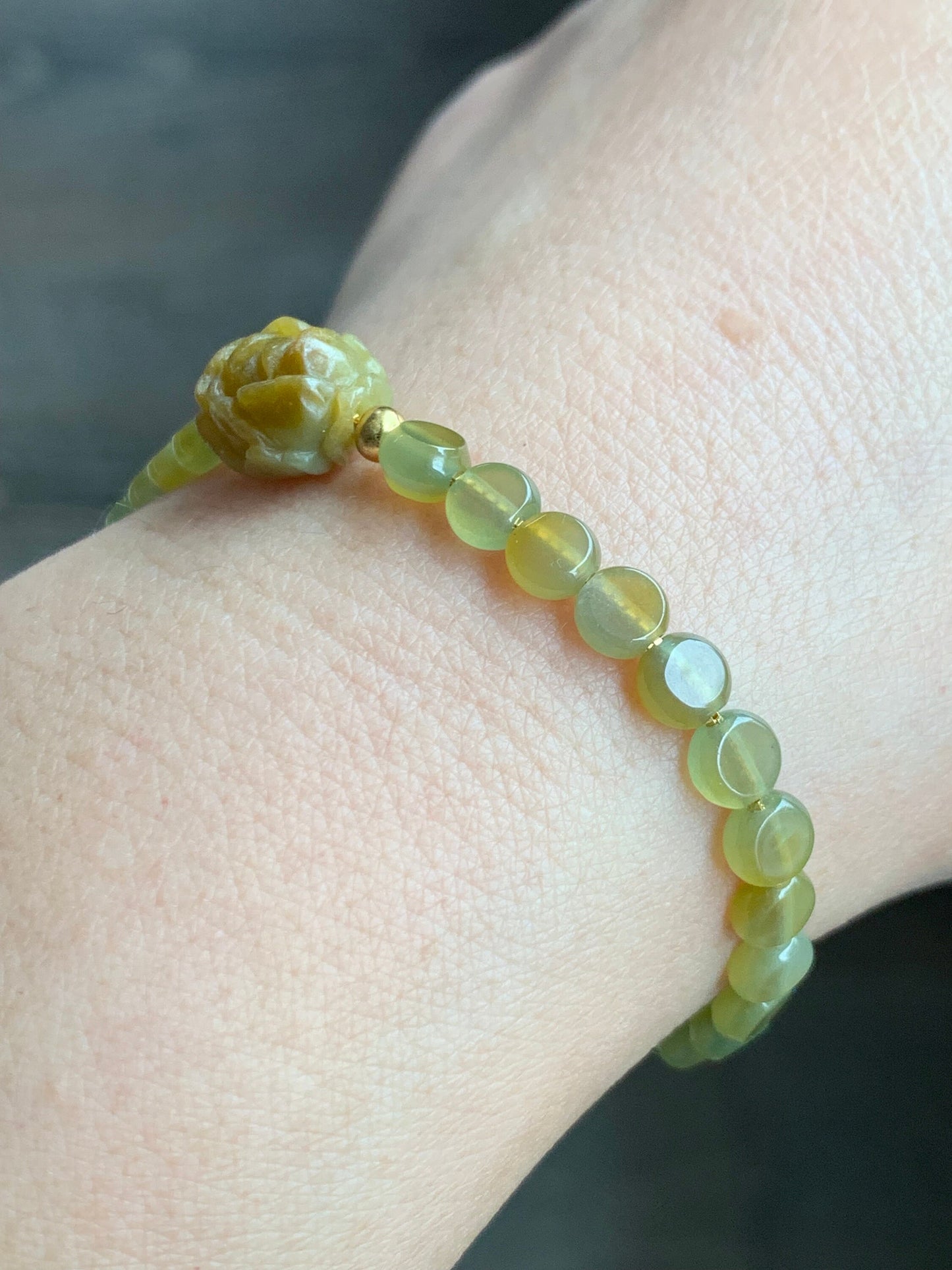 Natural Burmese Guatemalan Icy Translucent Yellow Jadeite Peony Flower Coin Beads Chain Bracelet Sterling Silver 6”-7” 天然缅甸黄翡牡丹花冰危黄圆饼珠银手链