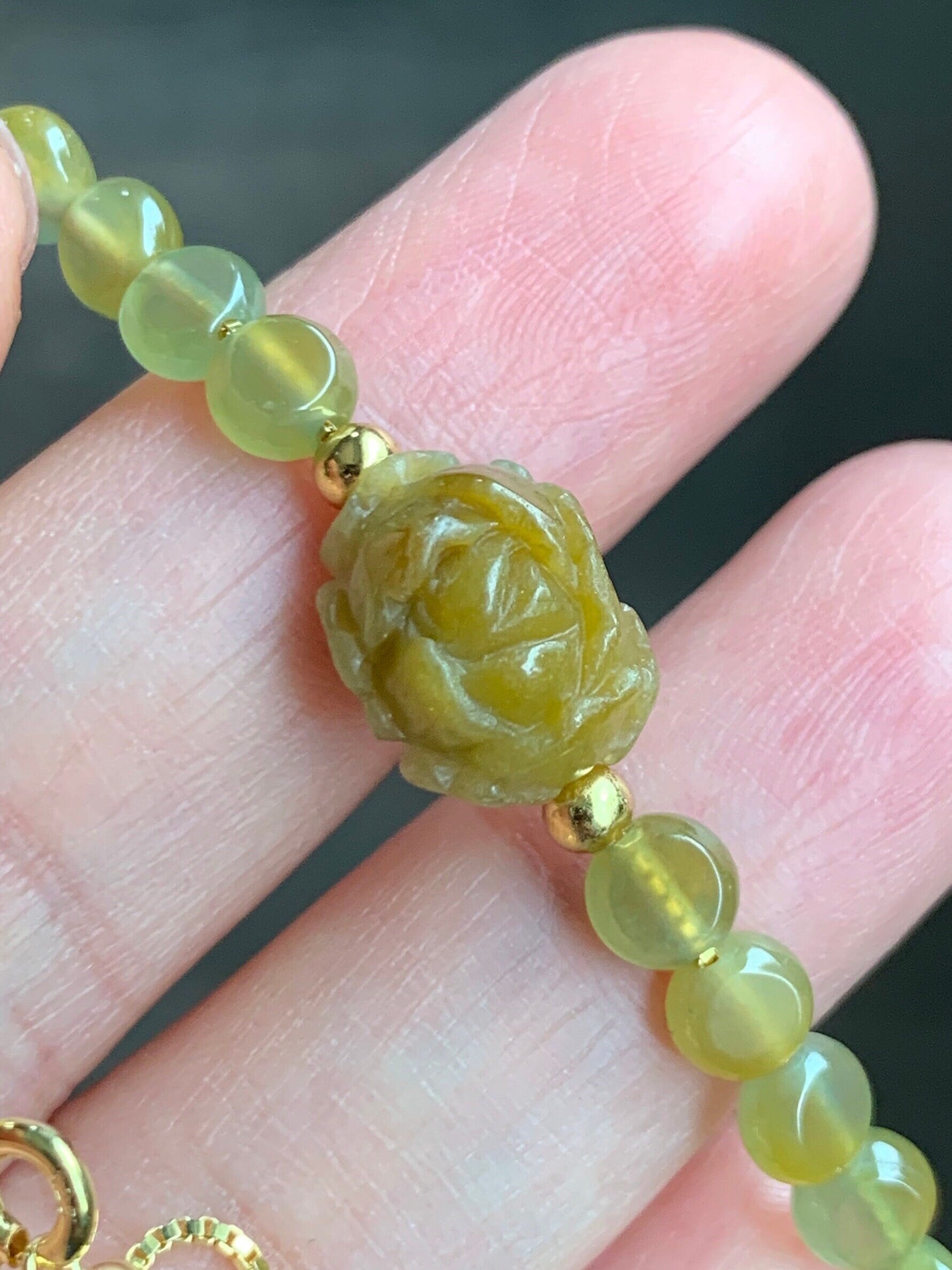 Natural Burmese Guatemalan Icy Translucent Yellow Jadeite Peony Flower Coin Beads Chain Bracelet Sterling Silver 6”-7” 天然缅甸黄翡牡丹花冰危黄圆饼珠银手链