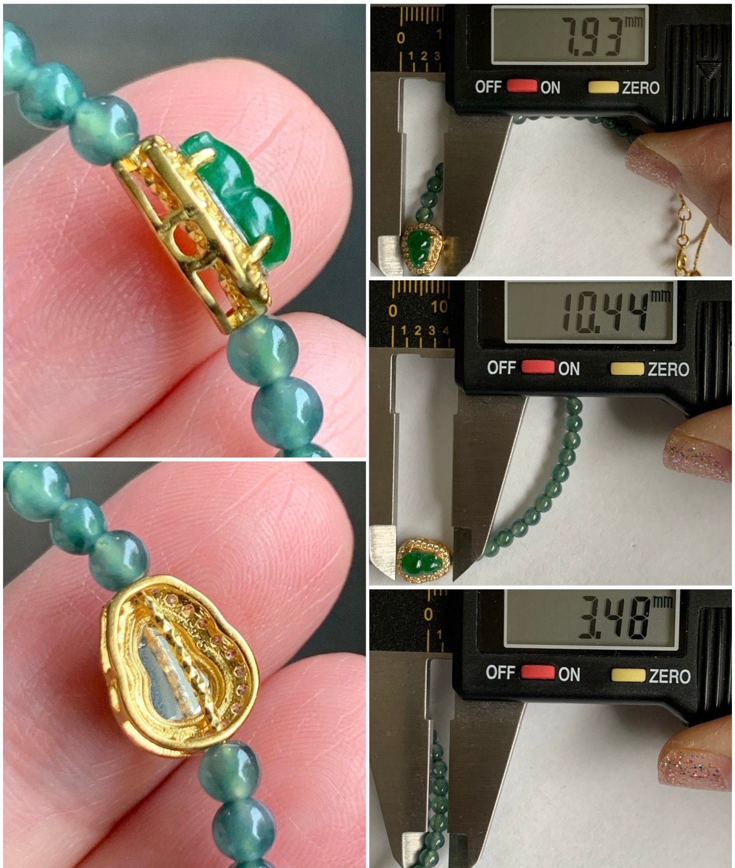 Natural Guatemalan Icy Translucent Vibrant Green Jadeite Gourd Deep Teal Blue Beads Wire Bracelet Sterling Silver 6.5”-7.5” 天然冰危绿翡翠葫芦深蓝珠银手链
